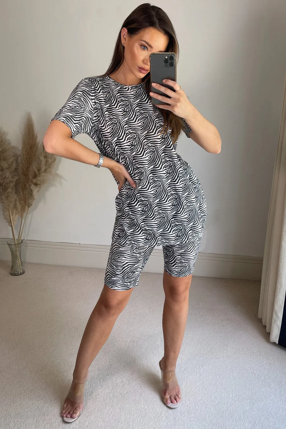 Amy Black Zebra Print Oversized T-Shirt and Cycling Shorts