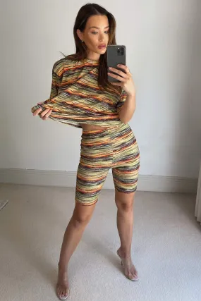 Amy Yellow Striped Print Oversized T-Shirt and Cycling Shorts