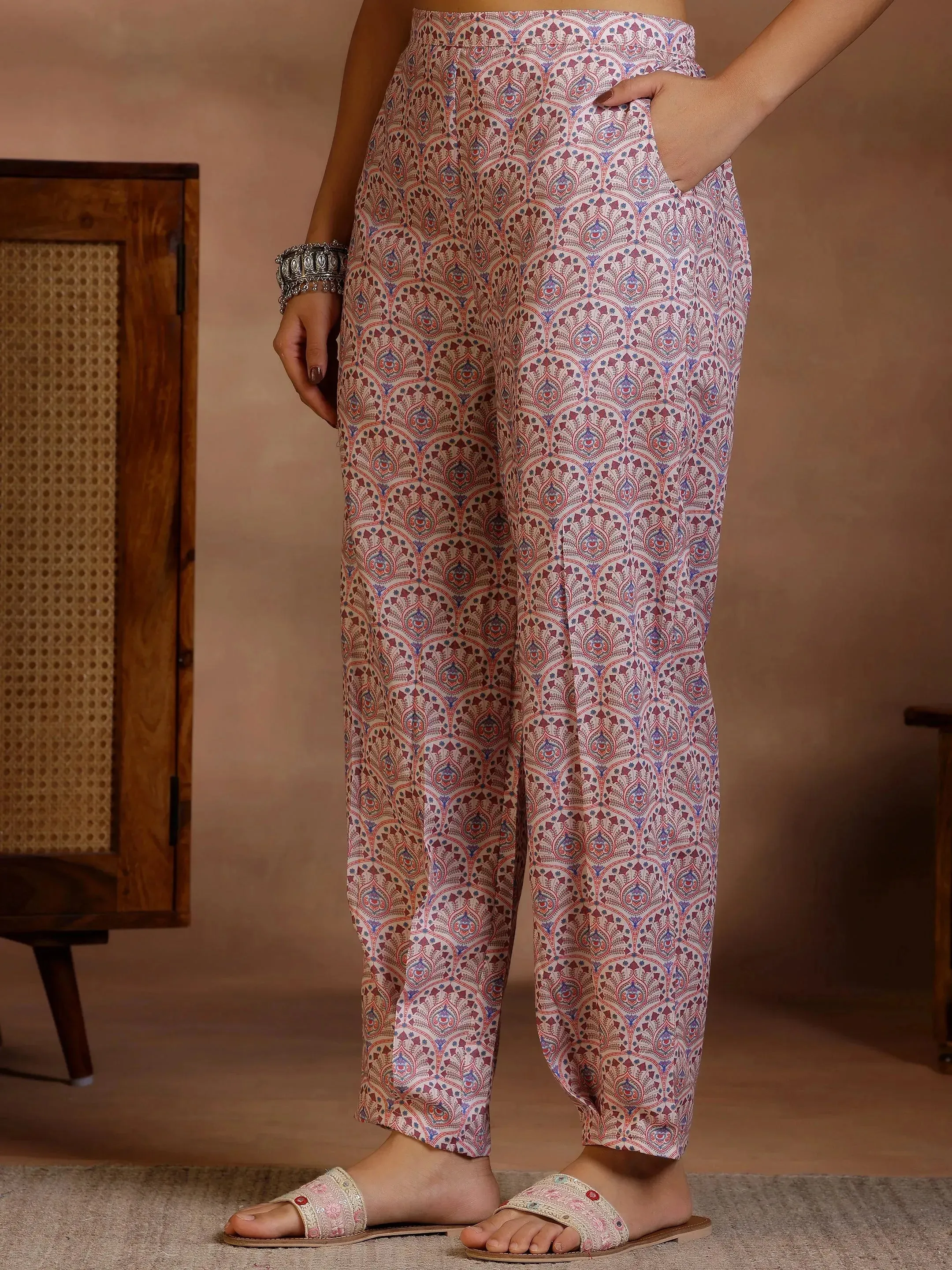 Beige Printed Cotton Straight Kurta Set