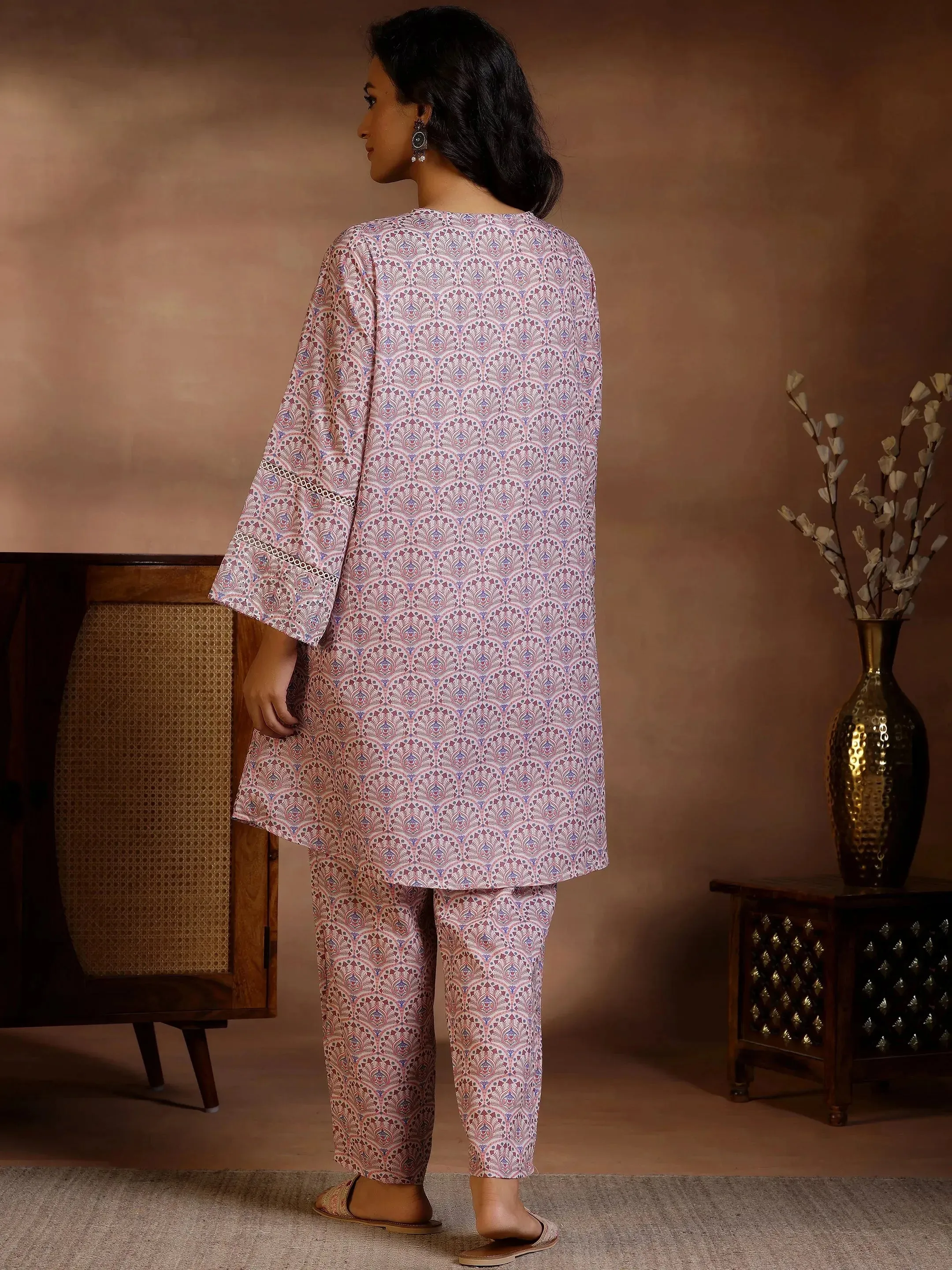 Beige Printed Cotton Straight Kurta Set
