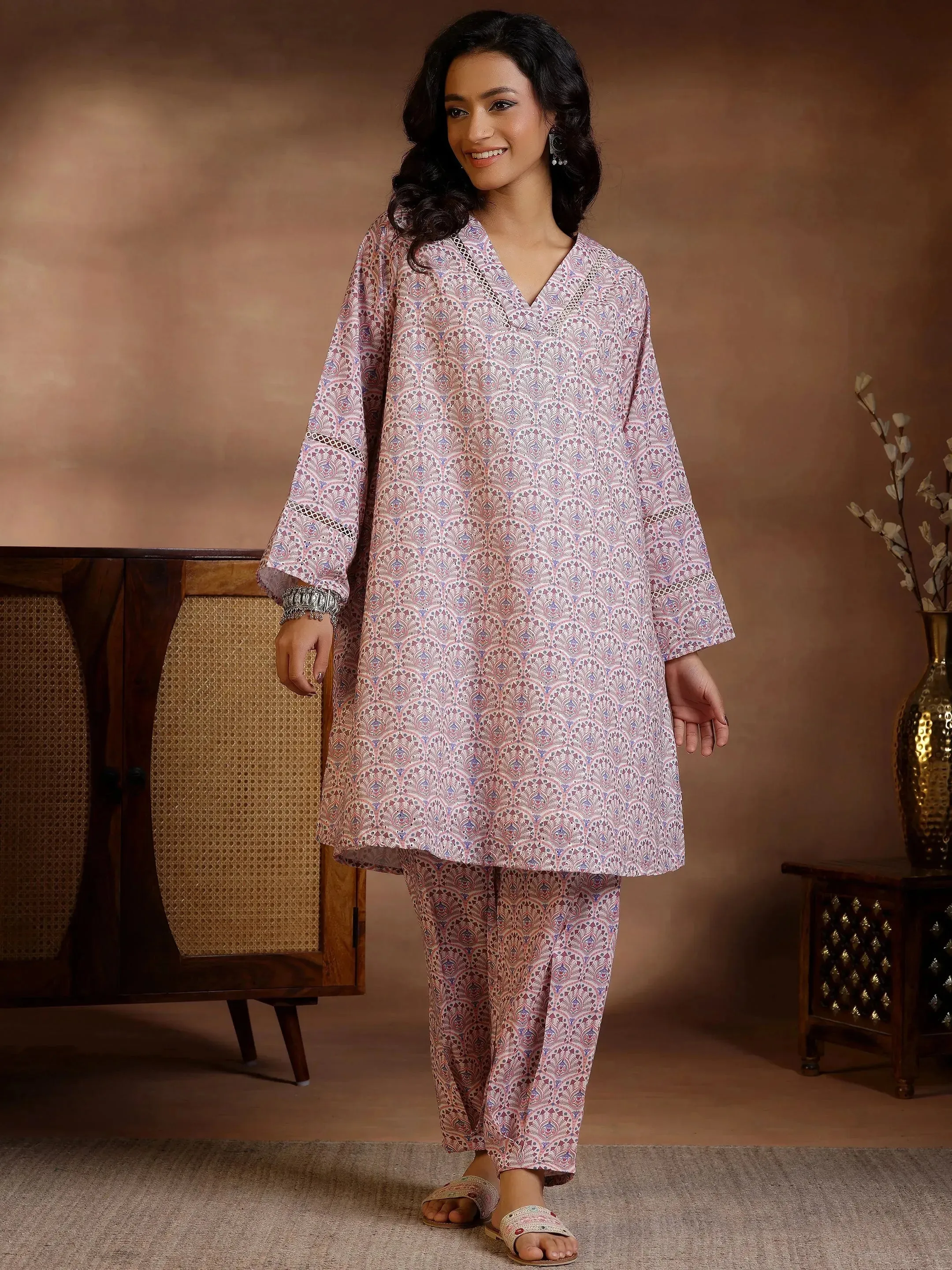 Beige Printed Cotton Straight Kurta Set