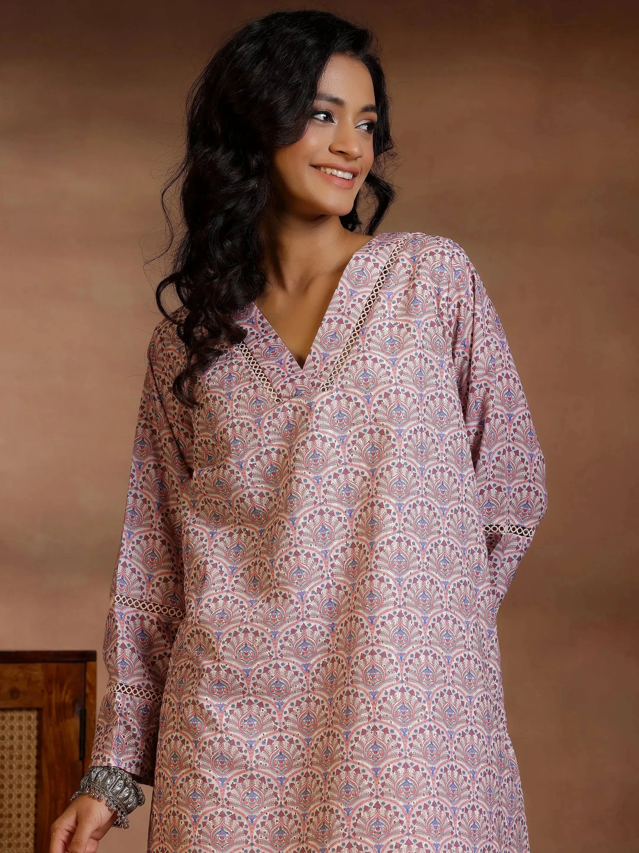 Beige Printed Cotton Straight Kurta Set