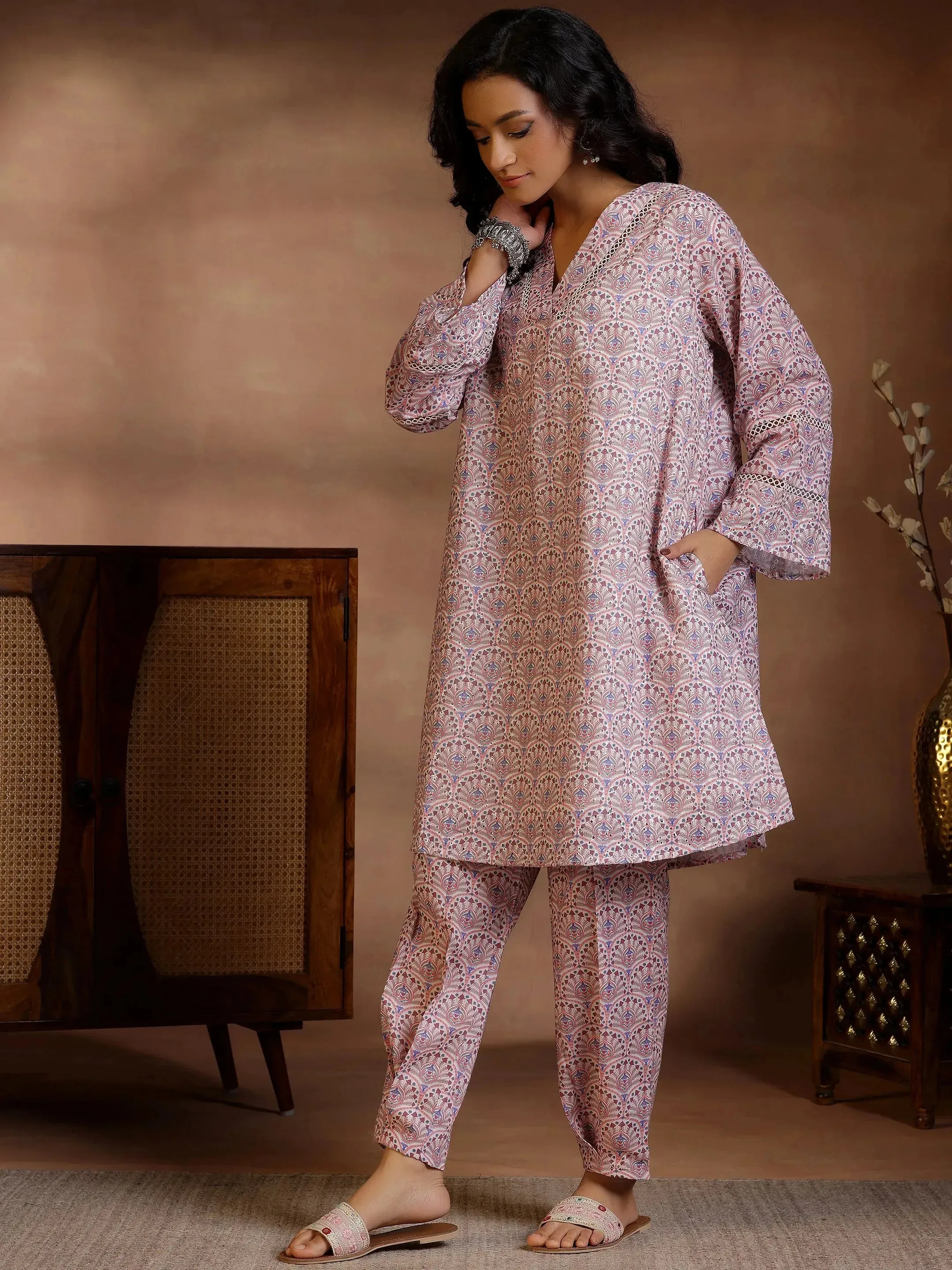 Beige Printed Cotton Straight Kurta Set