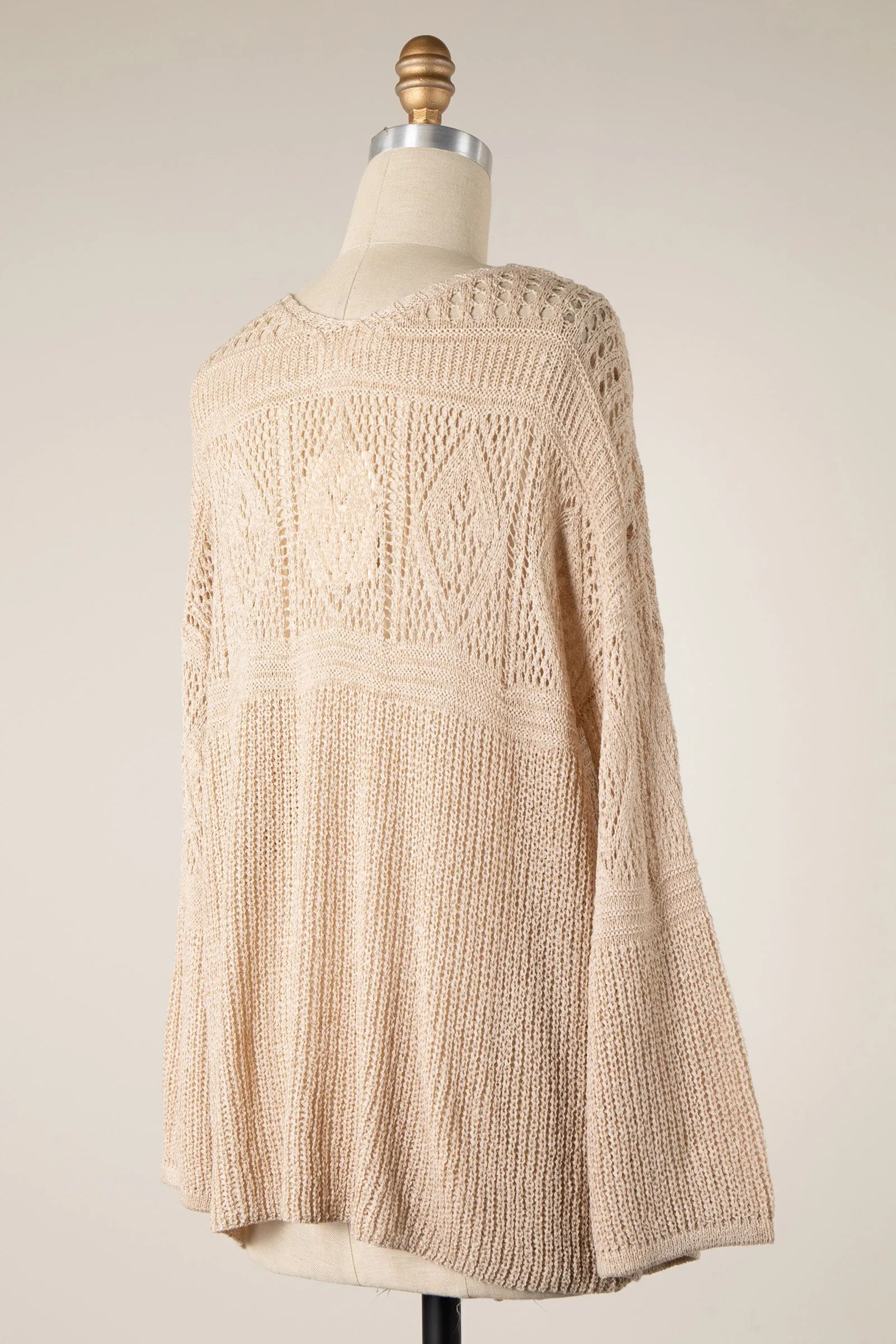 BELL SLEEVE V NECK OPEN CROCHET KNIT SWEATER TOP 1 PACK