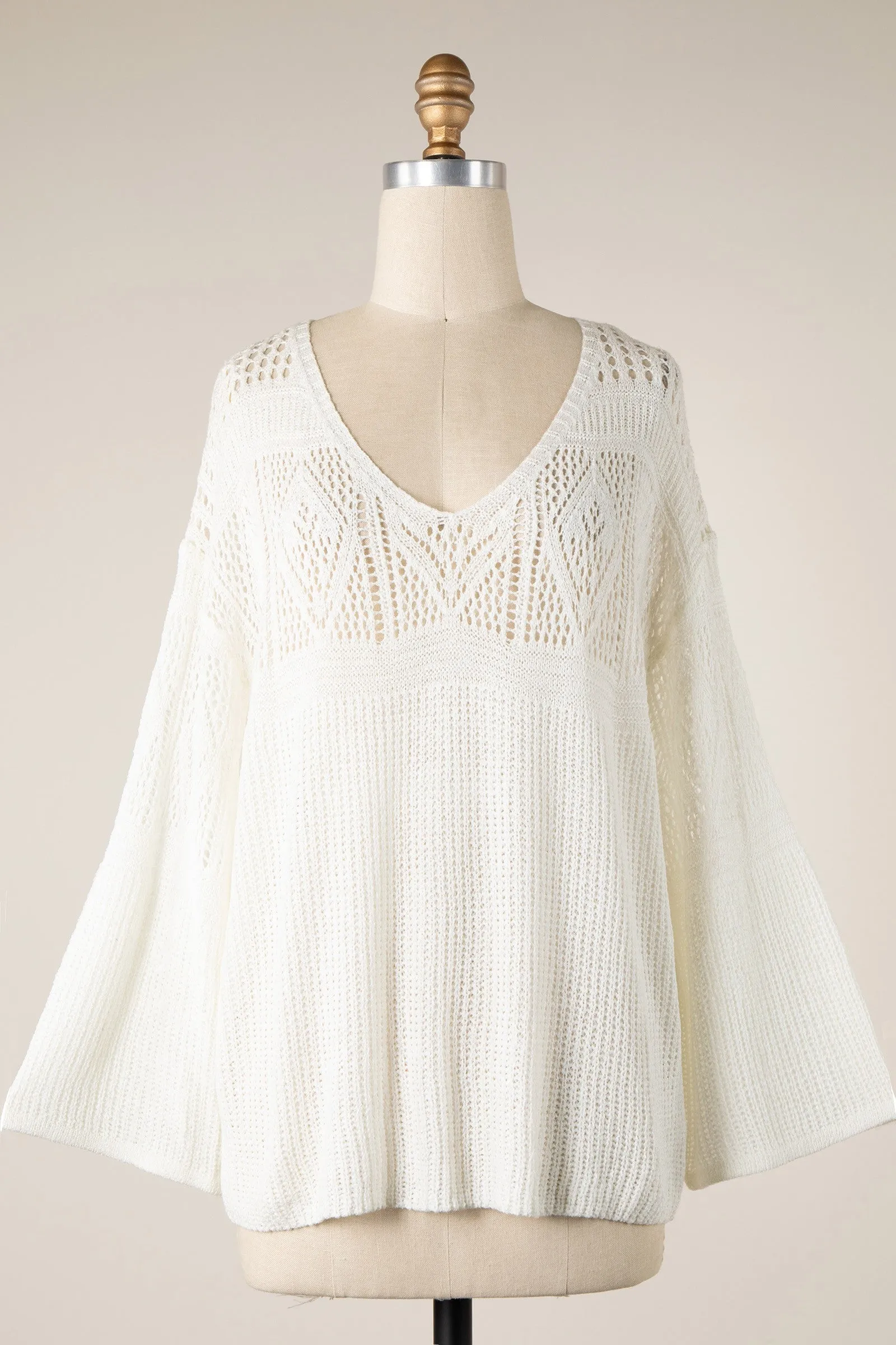 BELL SLEEVE V NECK OPEN CROCHET KNIT SWEATER TOP 1 PACK