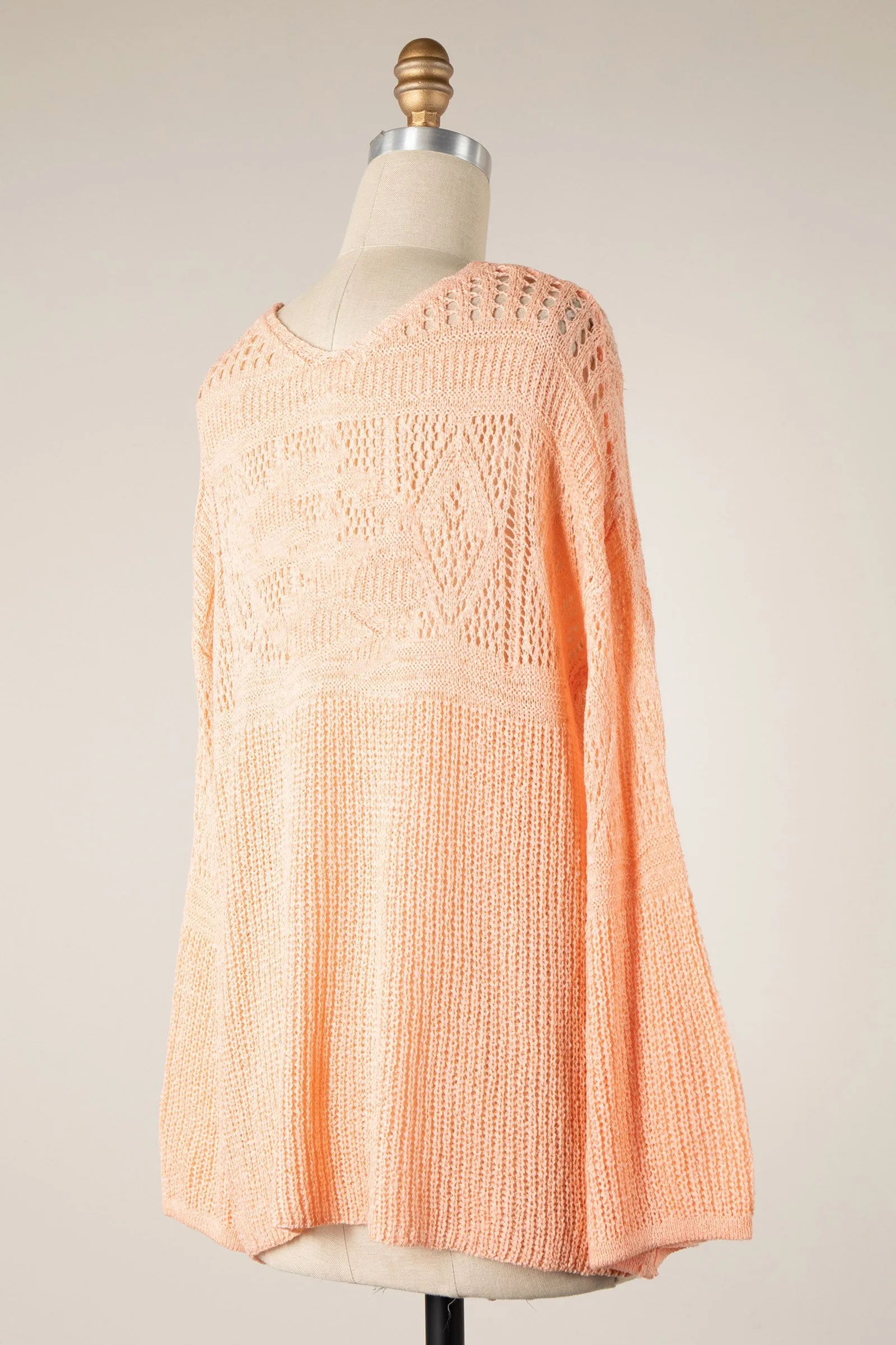 BELL SLEEVE V NECK OPEN CROCHET KNIT SWEATER TOP 1 PACK