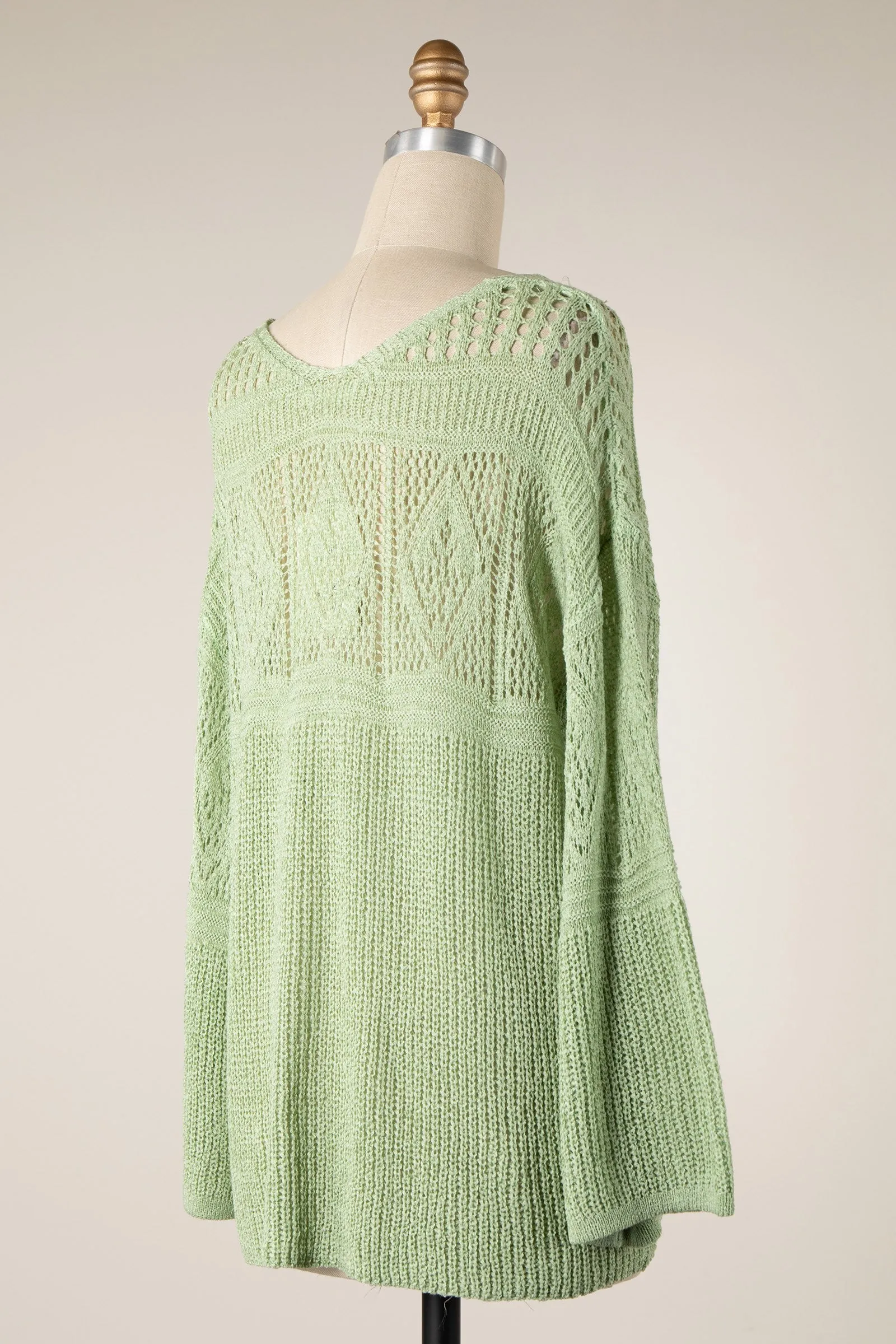 BELL SLEEVE V NECK OPEN CROCHET KNIT SWEATER TOP 1 PACK