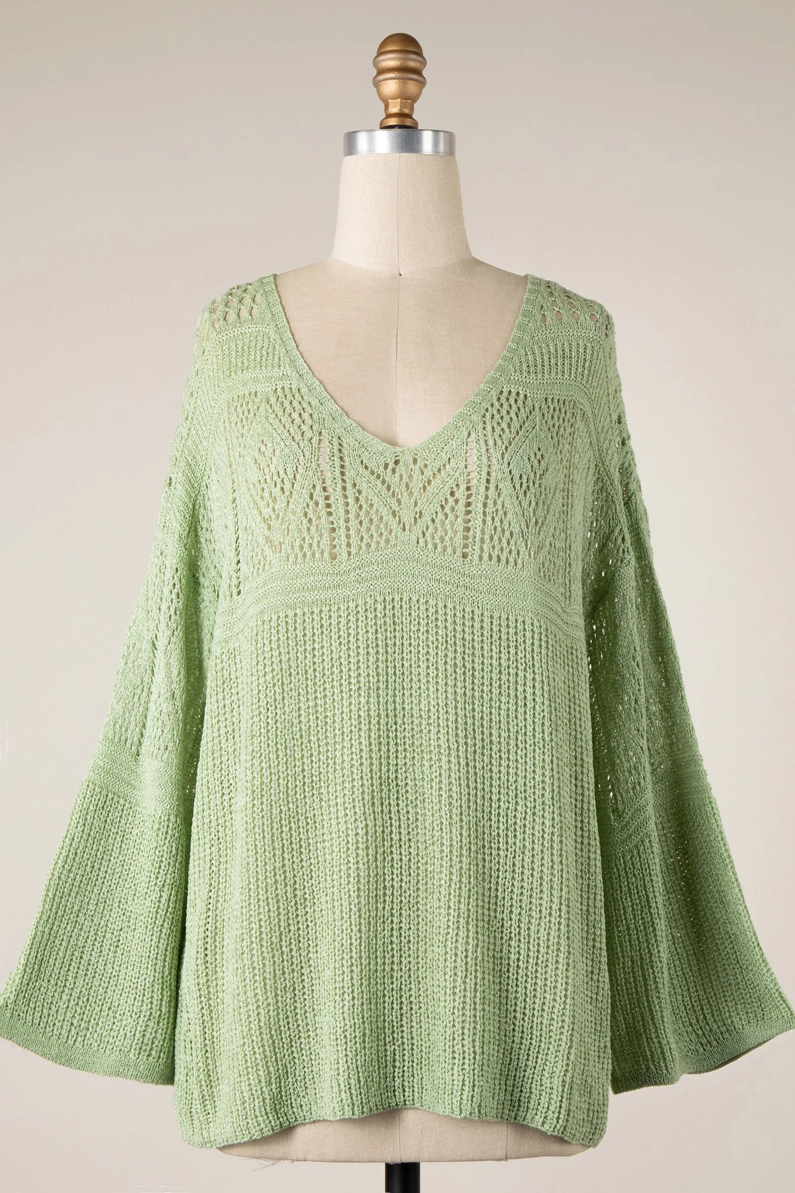 BELL SLEEVE V NECK OPEN CROCHET KNIT SWEATER TOP 1 PACK