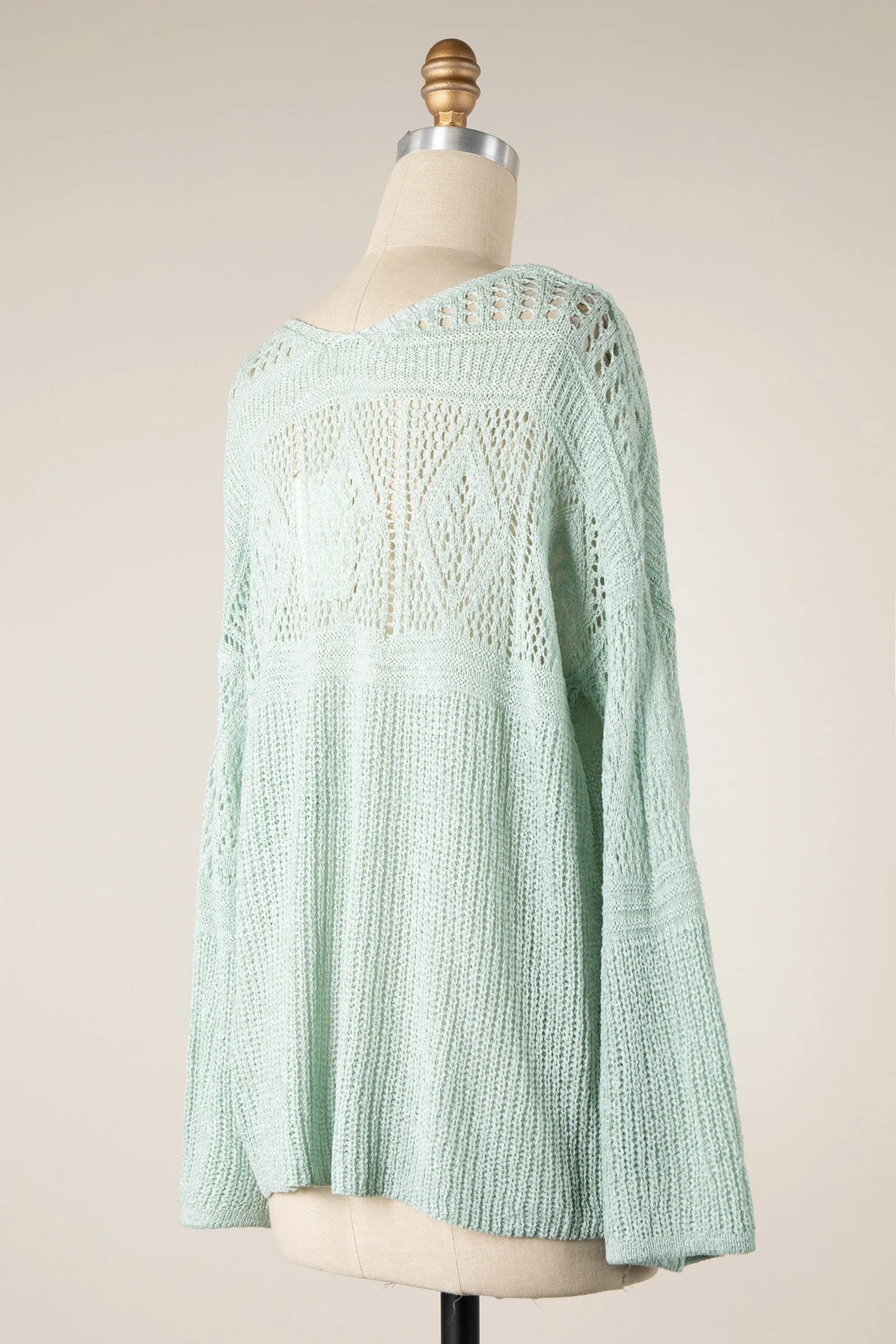 BELL SLEEVE V NECK OPEN CROCHET KNIT SWEATER TOP 1 PACK