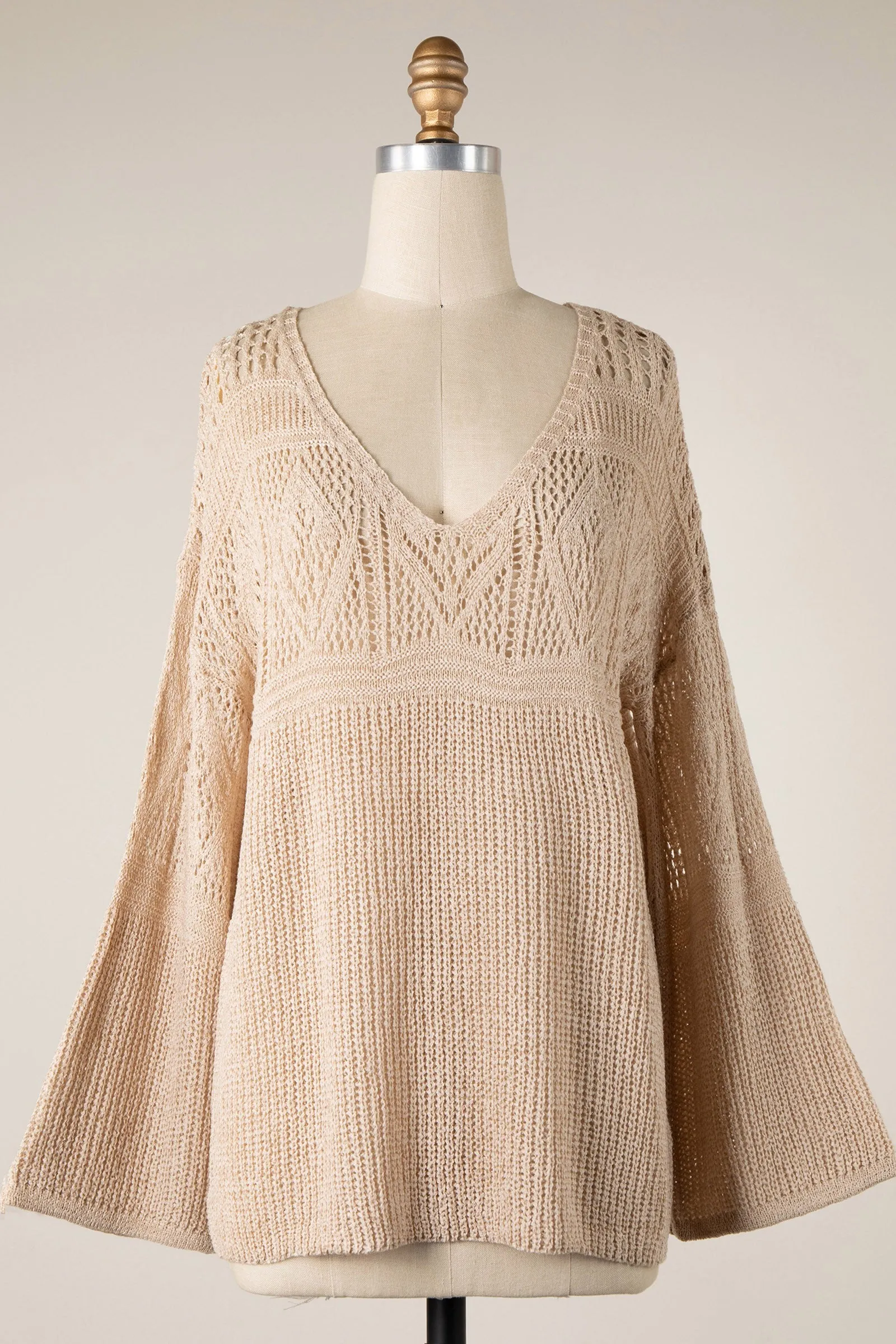 BELL SLEEVE V NECK OPEN CROCHET KNIT SWEATER TOP 1 PACK