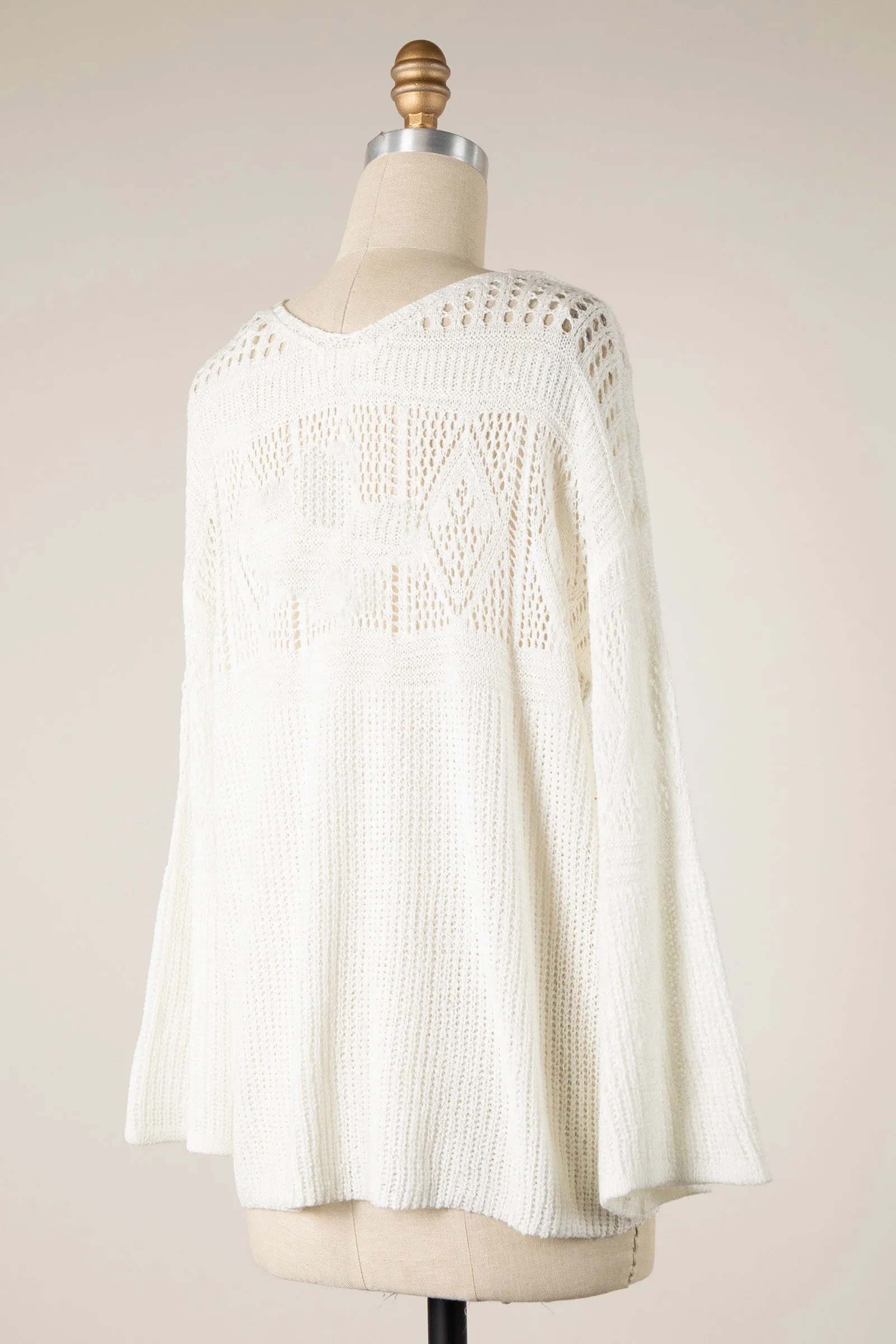 BELL SLEEVE V NECK OPEN CROCHET KNIT SWEATER TOP 1 PACK
