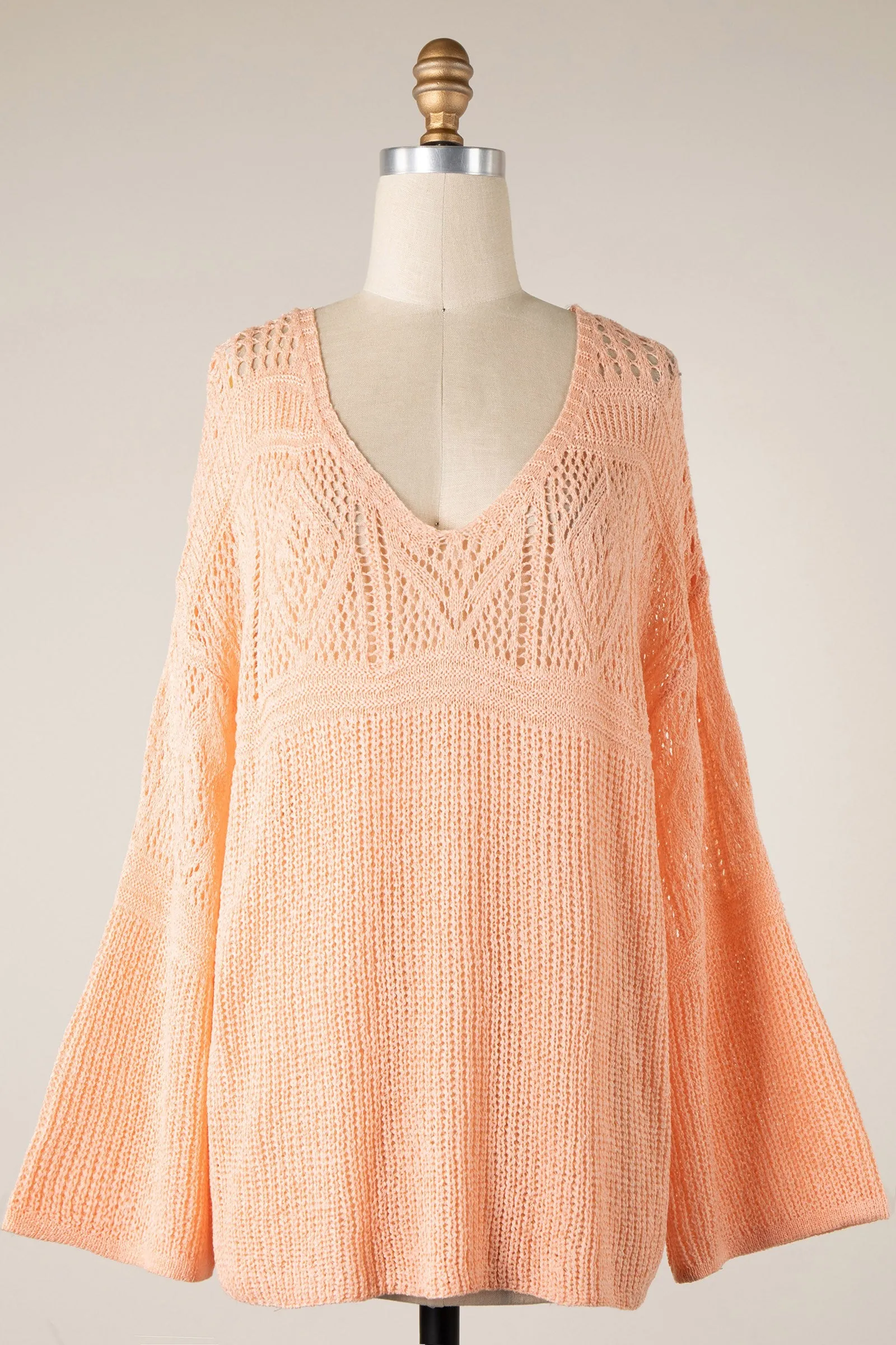 BELL SLEEVE V NECK OPEN CROCHET KNIT SWEATER TOP 1 PACK
