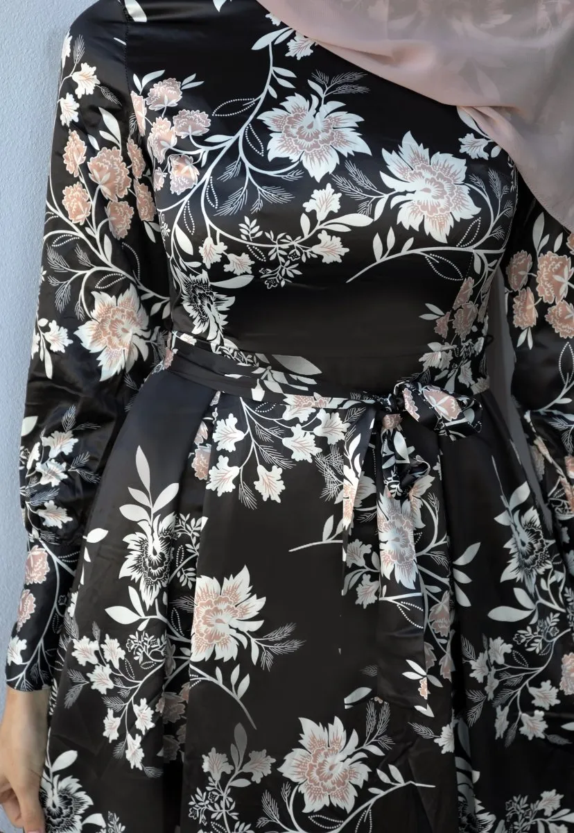 Black and Nude Floral Satin Dress
