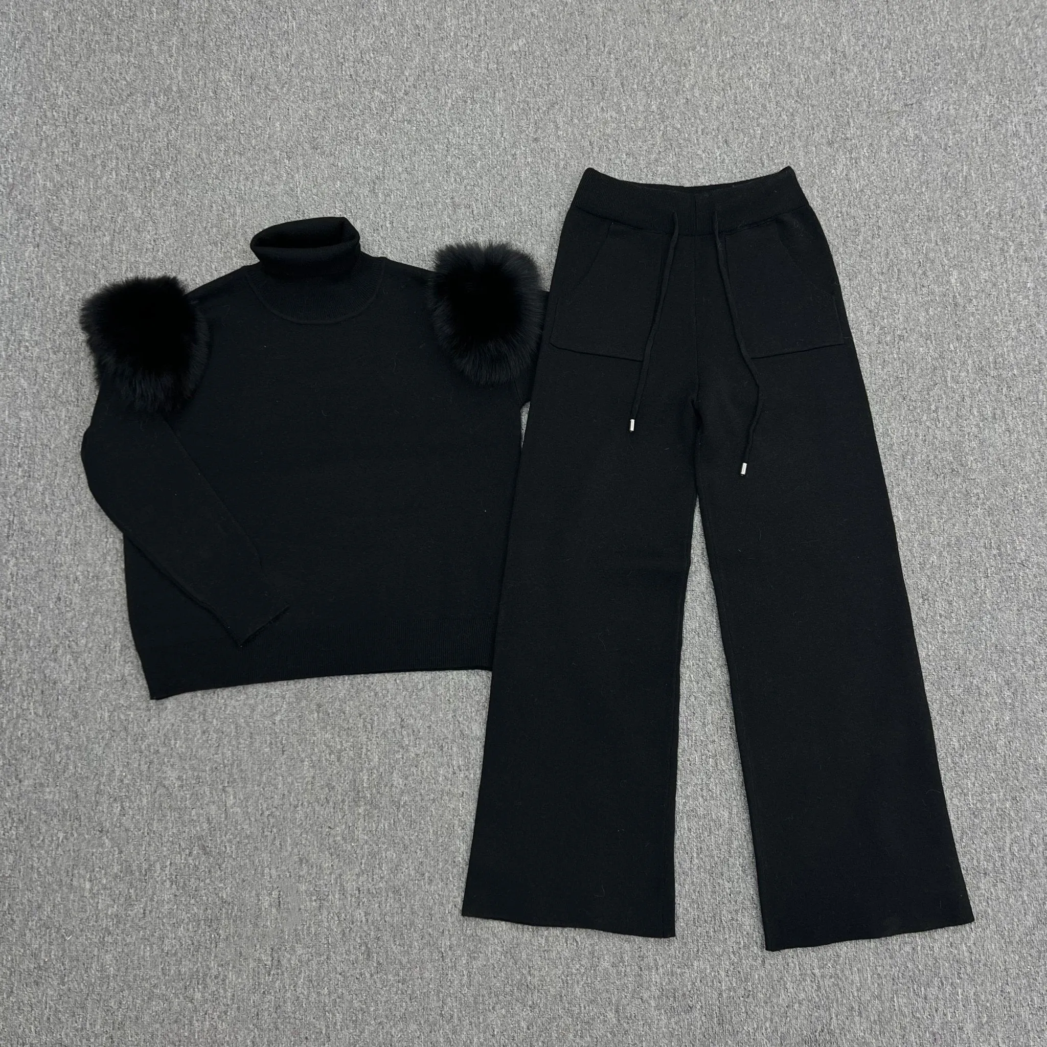 Black Luxury Fur Roll Neck Wide Leg Tracksuit