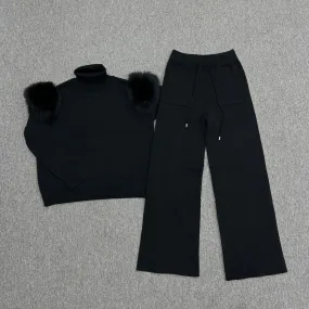 Black Luxury Fur Roll Neck Wide Leg Tracksuit