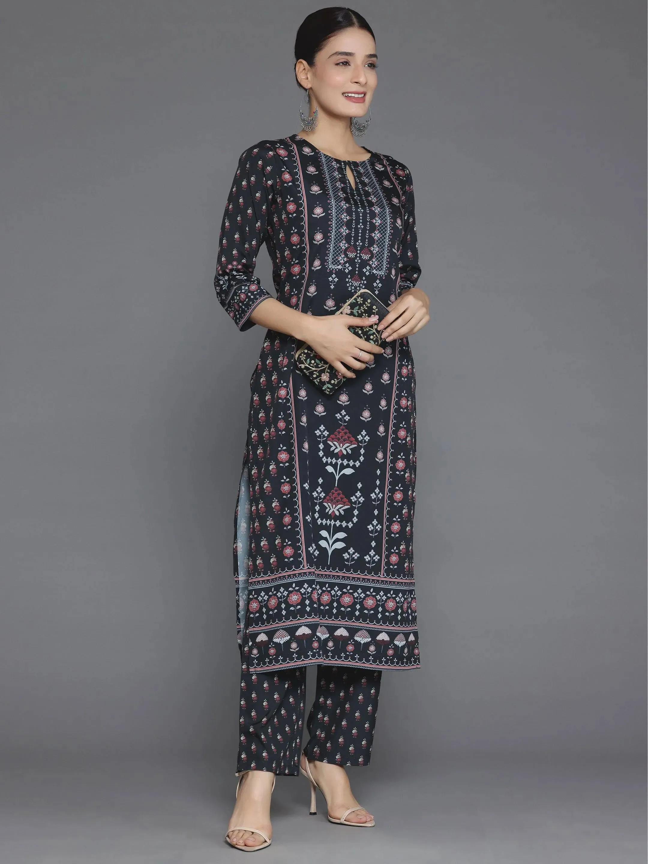 Black Printed Poly Crepe Straight Kurta Set