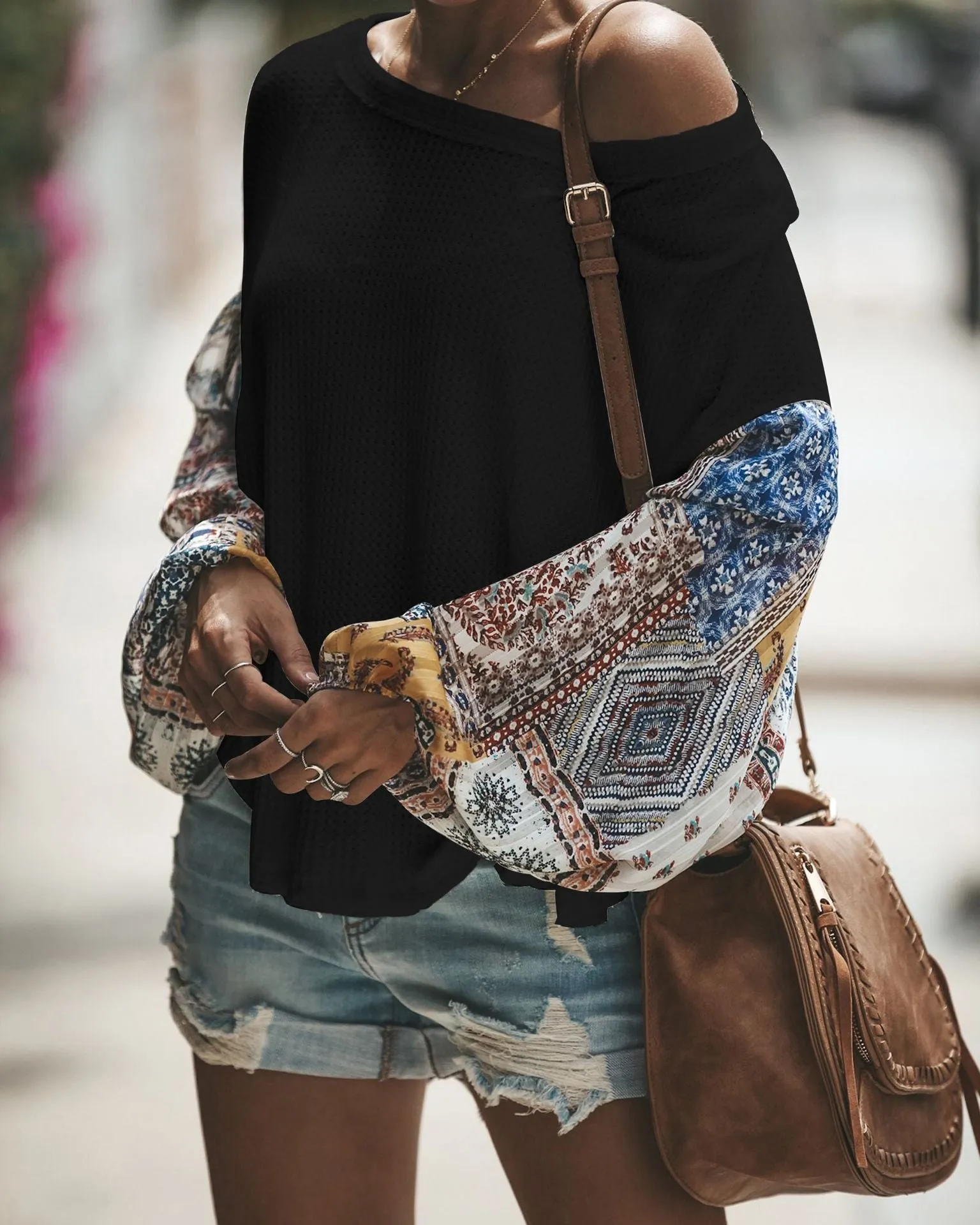 Boho Chic Oversized Patchwork Knitted Sweater With Chiffon Sleeves