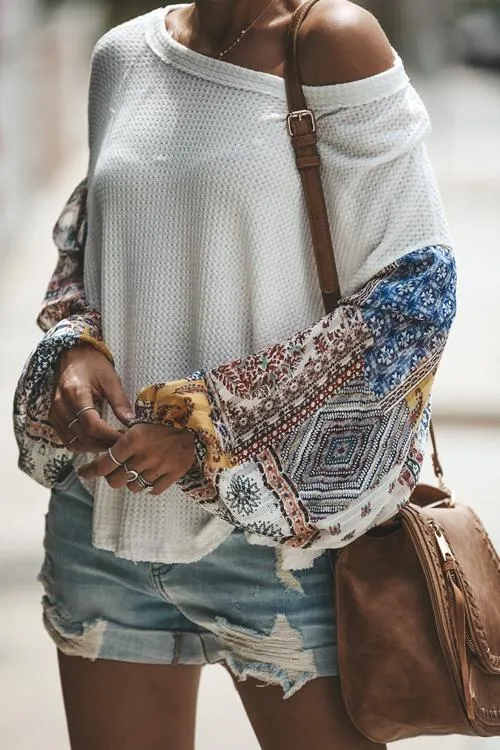 Boho Chic Oversized Patchwork Knitted Sweater With Chiffon Sleeves