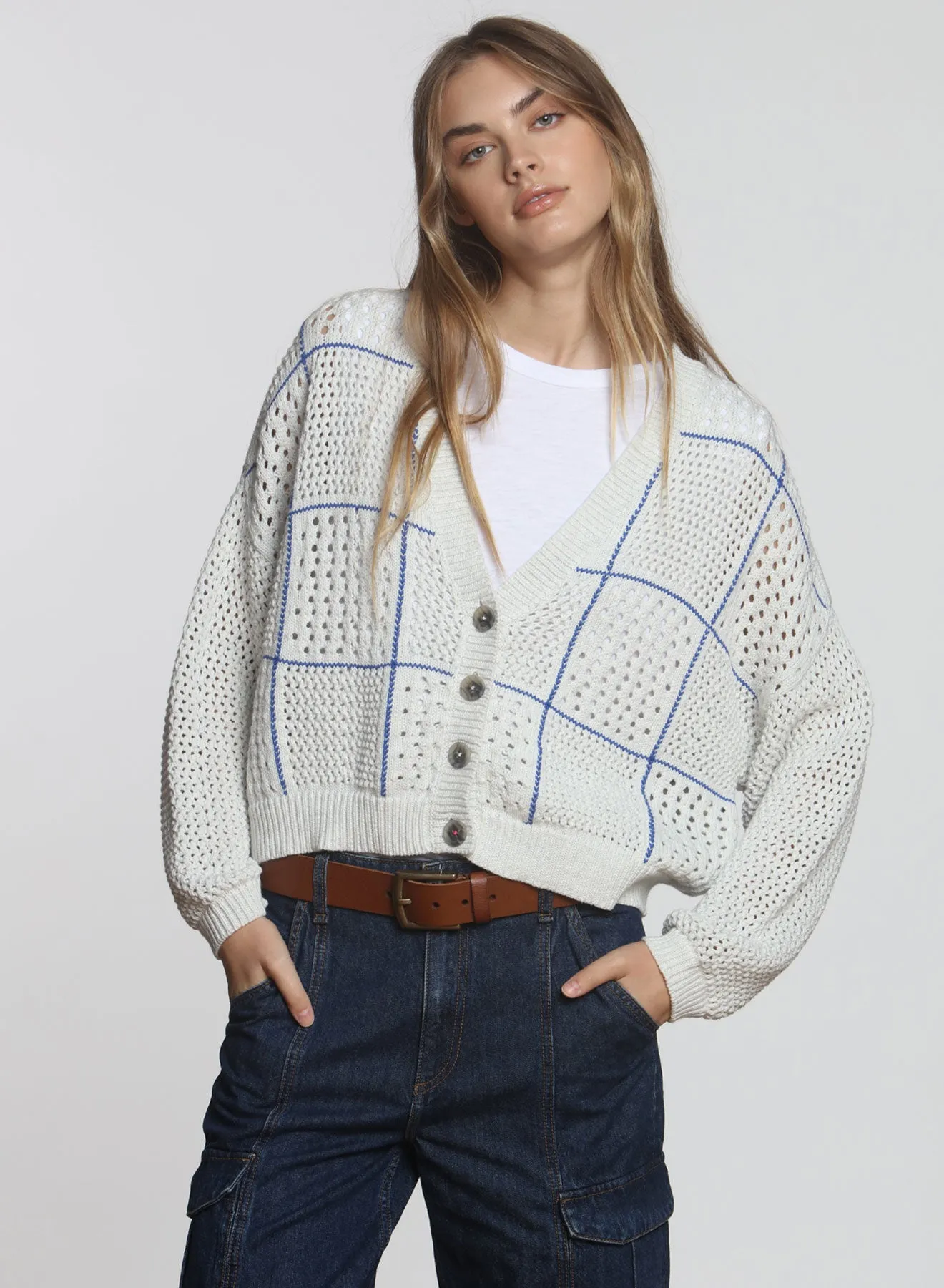Checker Cardigan - Pumice/cobalt