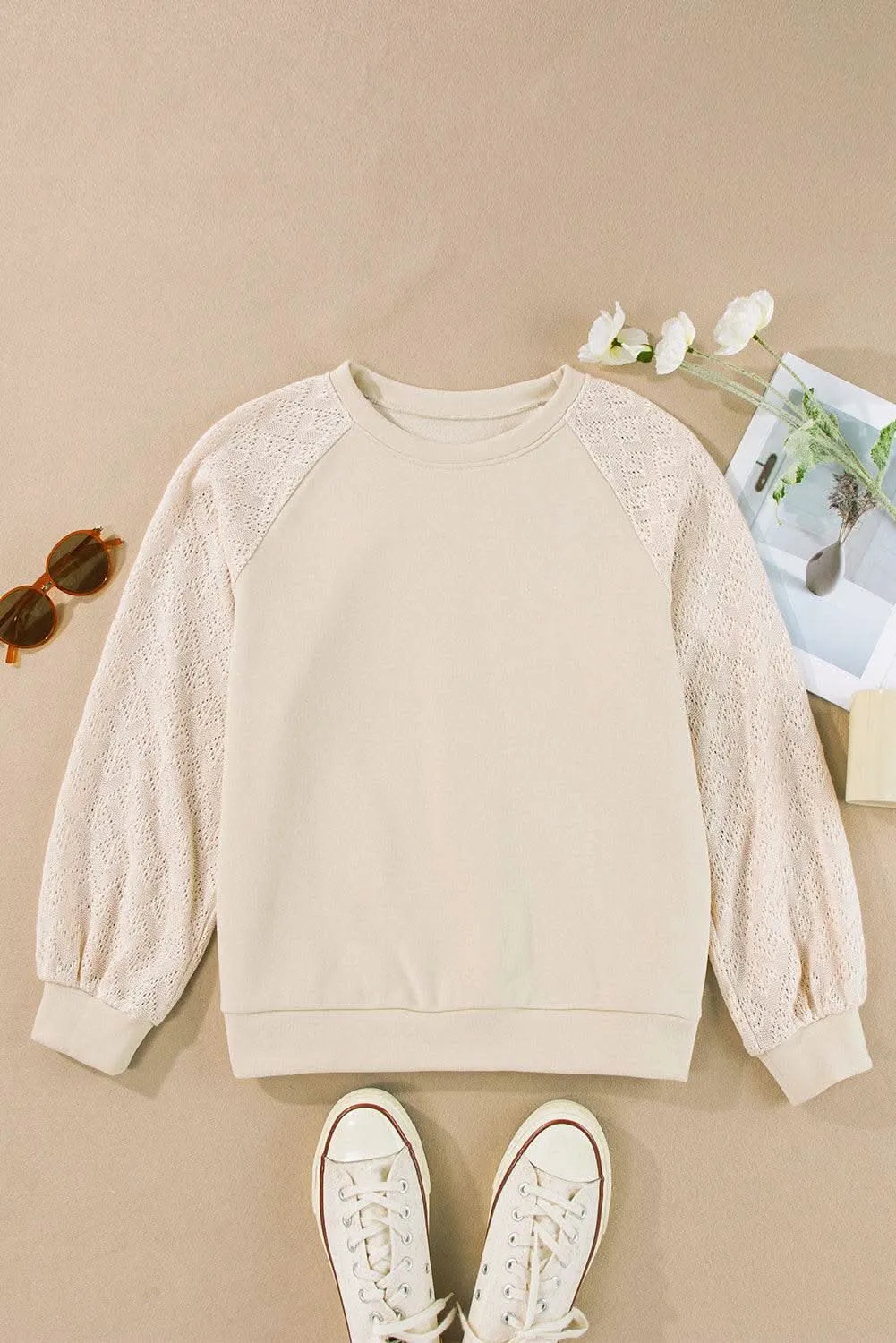 Chic knit patchwork pullover in parchment