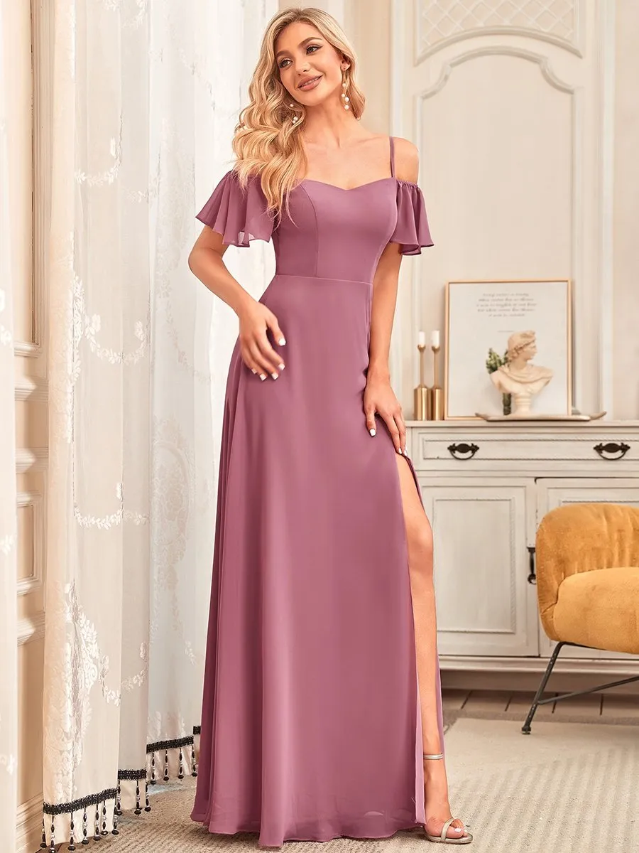 Custom Flattering Deep V Neck Flare Sleeves Wholesale Bridesmaid Dresses