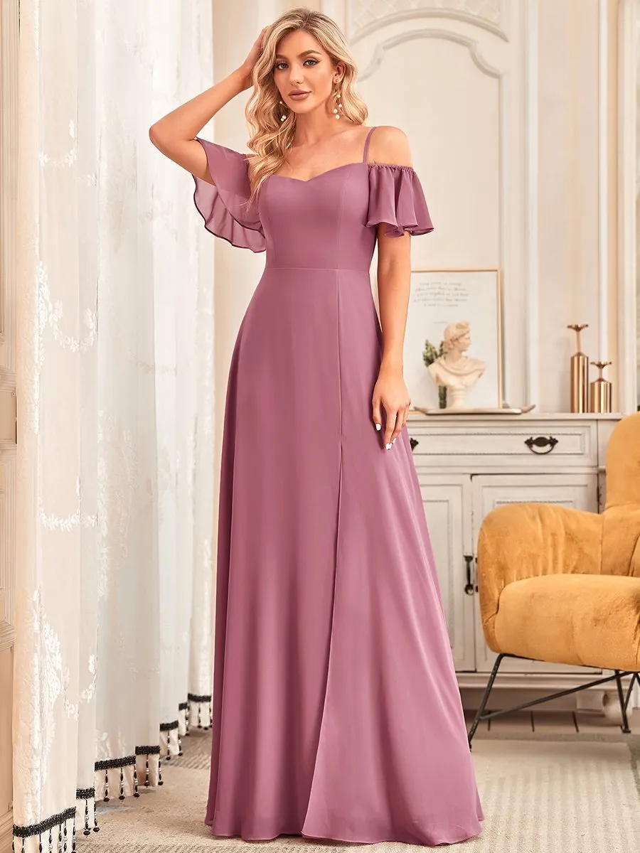 Custom Flattering Deep V Neck Flare Sleeves Wholesale Bridesmaid Dresses