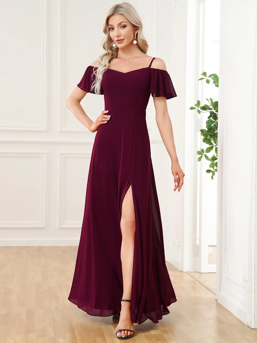 Custom Flattering Deep V Neck Flare Sleeves Wholesale Bridesmaid Dresses