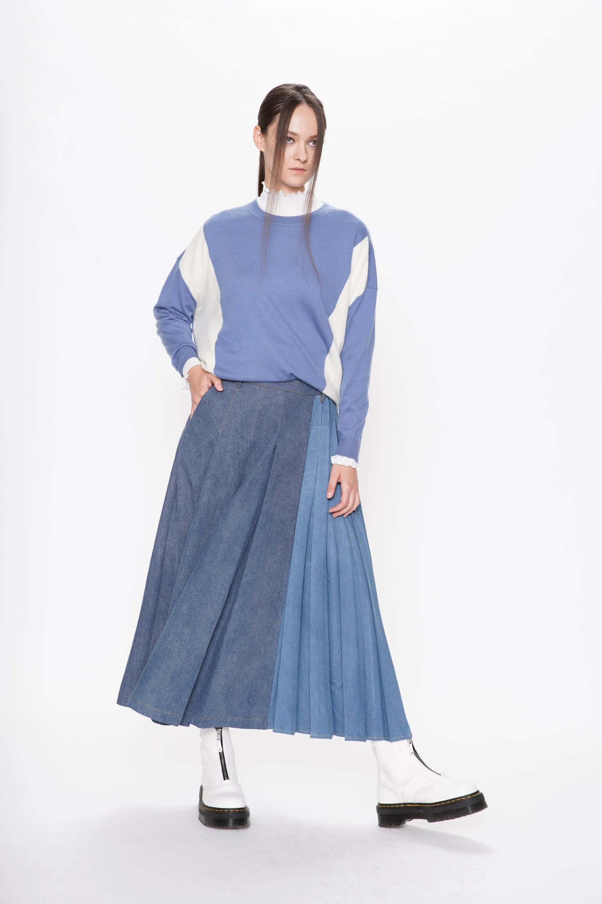 Denim Mix Pleated Maxi Skirt