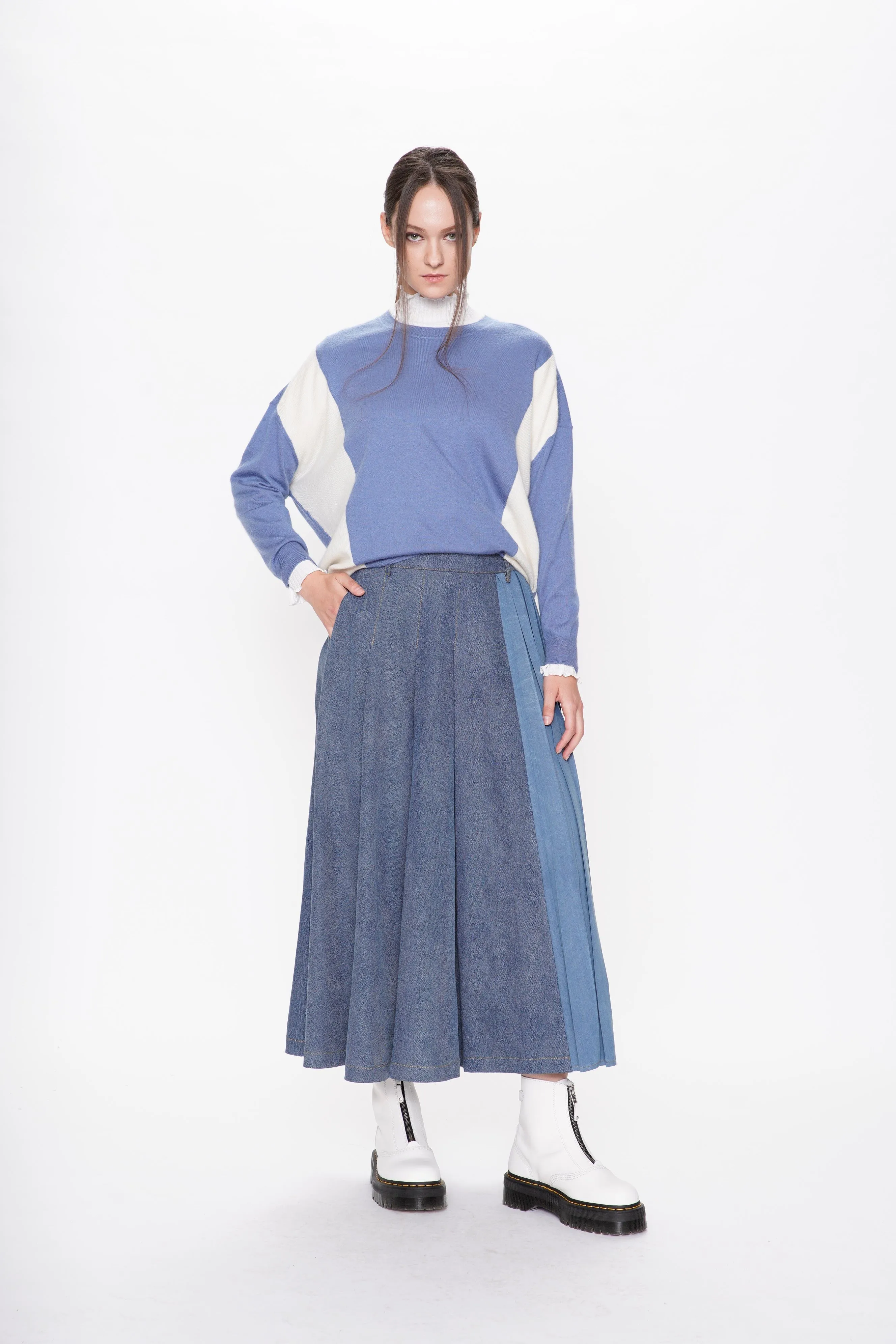 Denim Mix Pleated Maxi Skirt