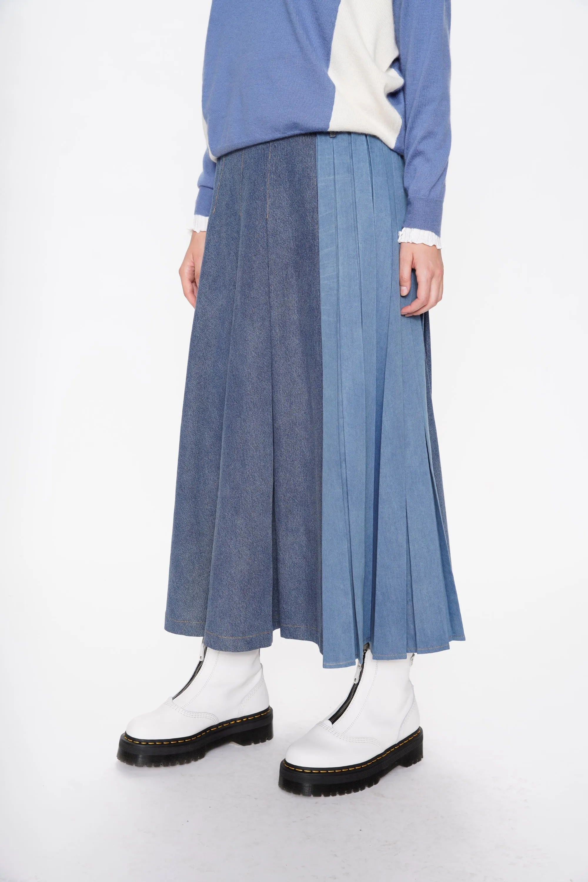 Denim Mix Pleated Maxi Skirt