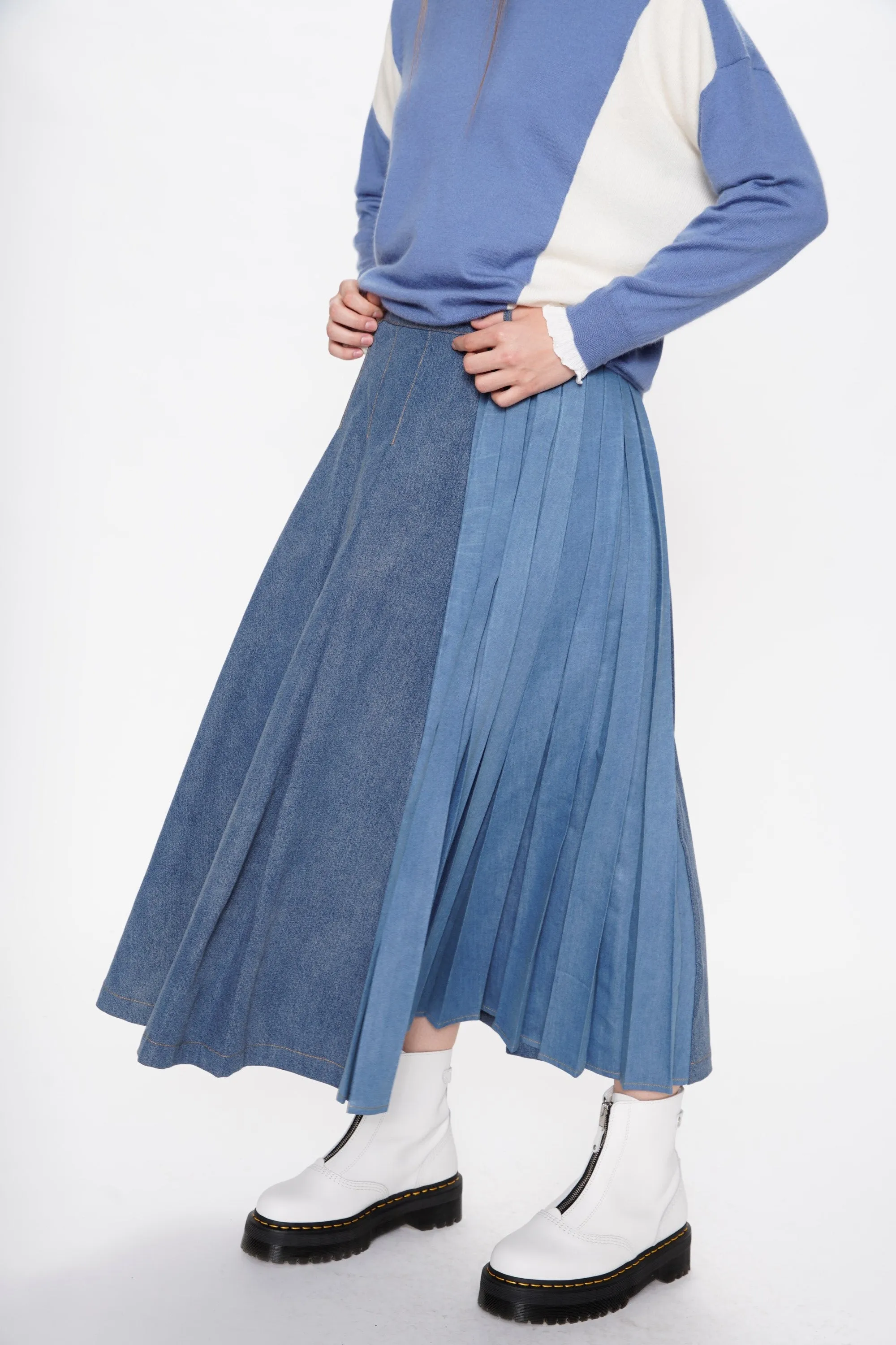 Denim Mix Pleated Maxi Skirt