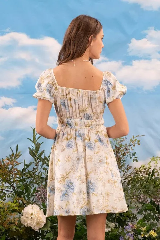FLORAL FRONT TIE SHIRRED PUFF SLEEVE MINI DRESS