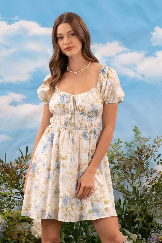 FLORAL FRONT TIE SHIRRED PUFF SLEEVE MINI DRESS