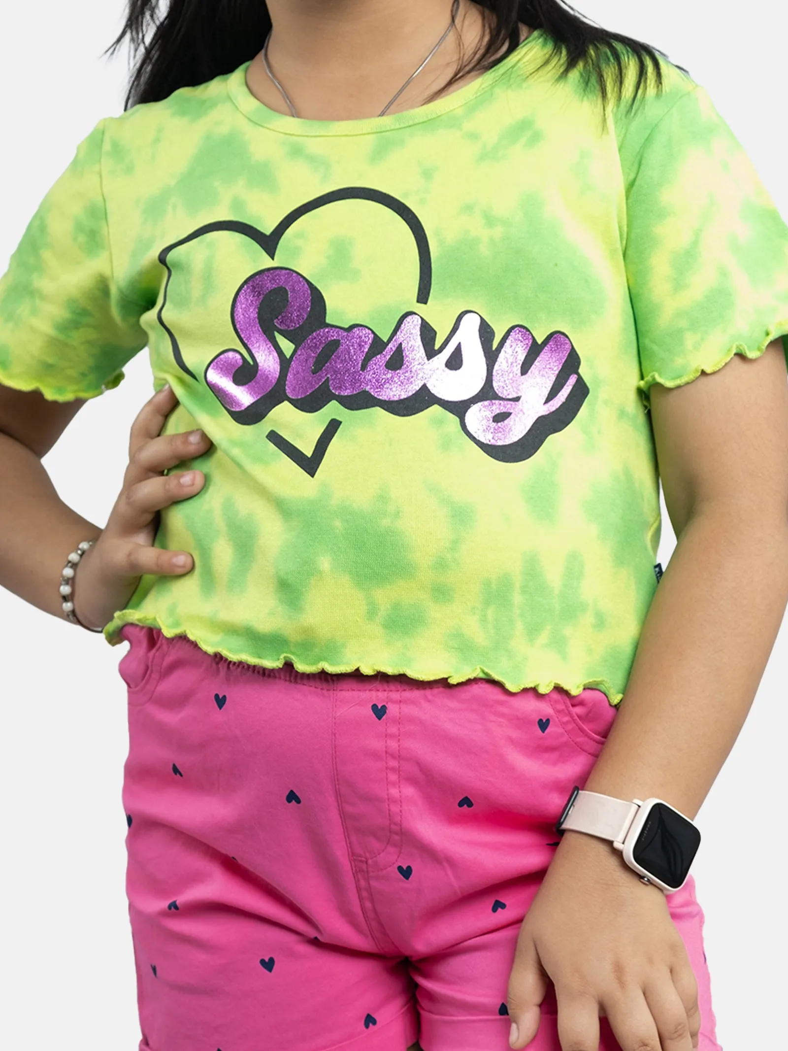 Girls Crop Tie & dye Tee & Roll up Hot Shorts Sets