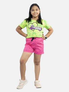 Girls Crop Tie & dye Tee & Roll up Hot Shorts Sets