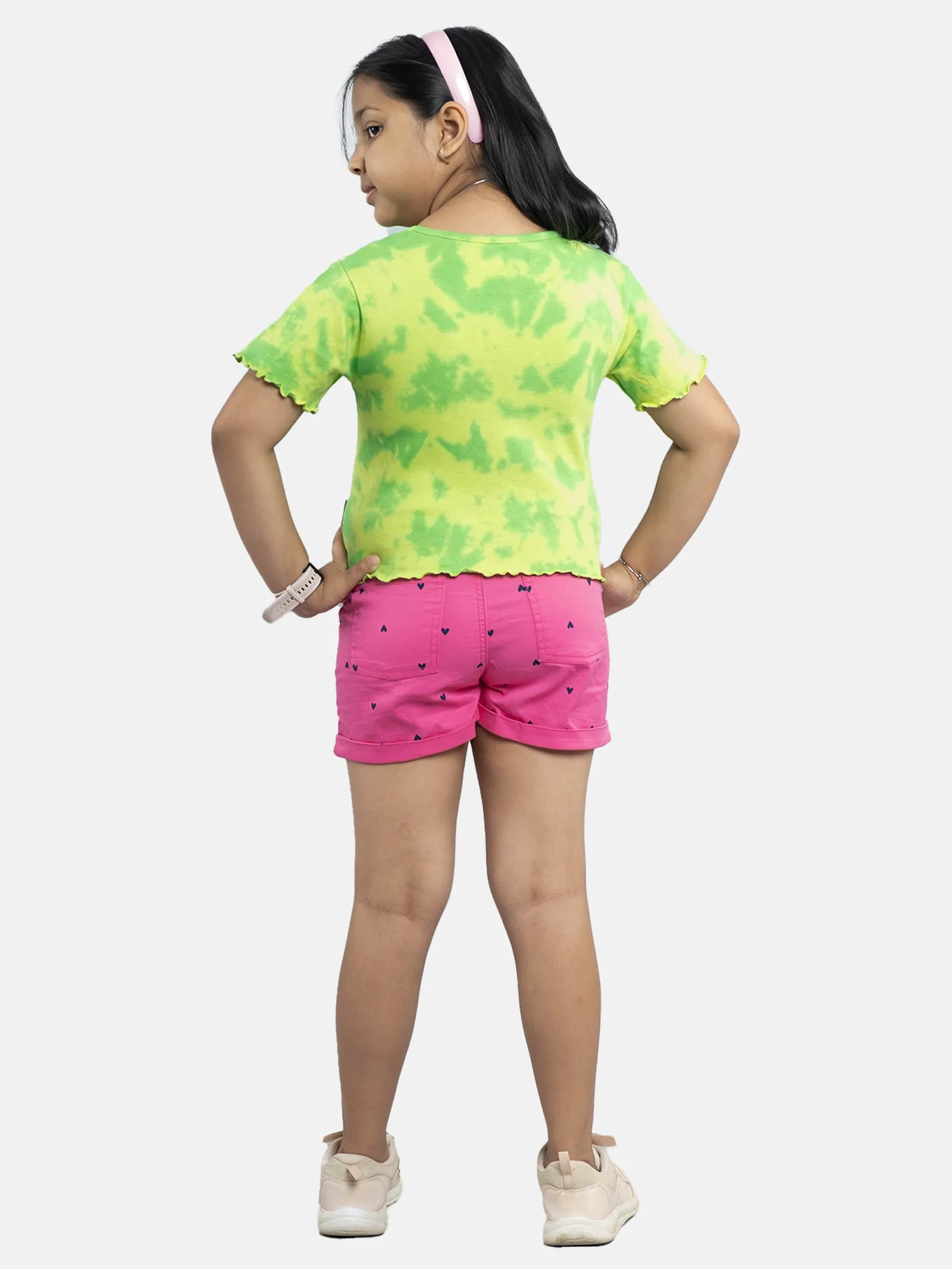 Girls Crop Tie & dye Tee & Roll up Hot Shorts Sets