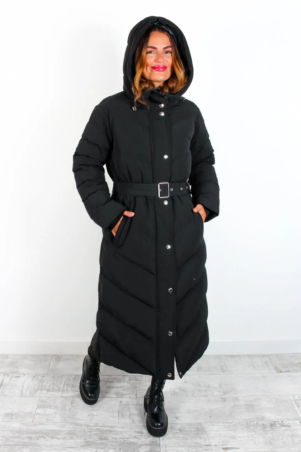 Good As Cold - Black Silver Detail Long Puffer Coat