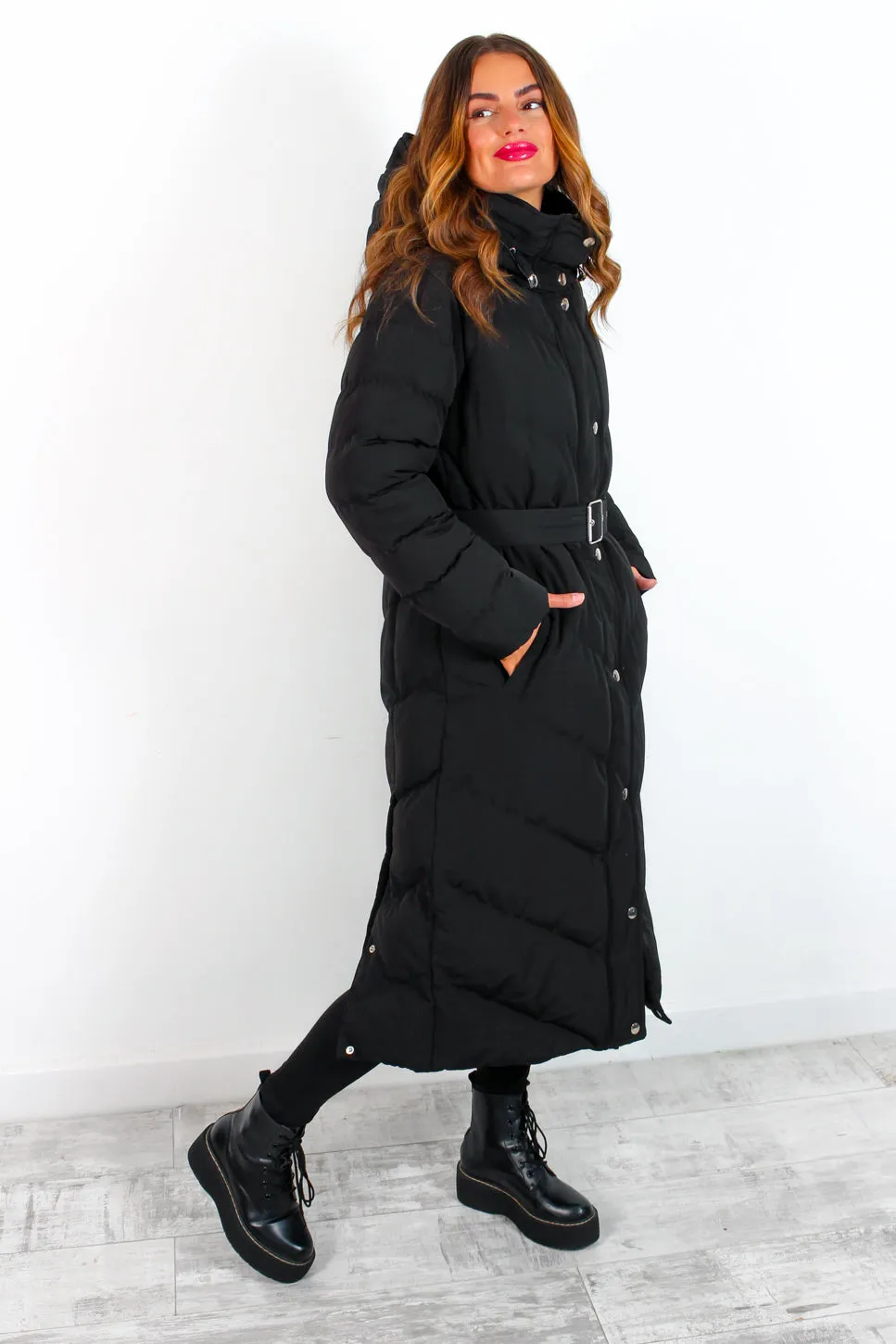 Good As Cold - Black Silver Detail Long Puffer Coat