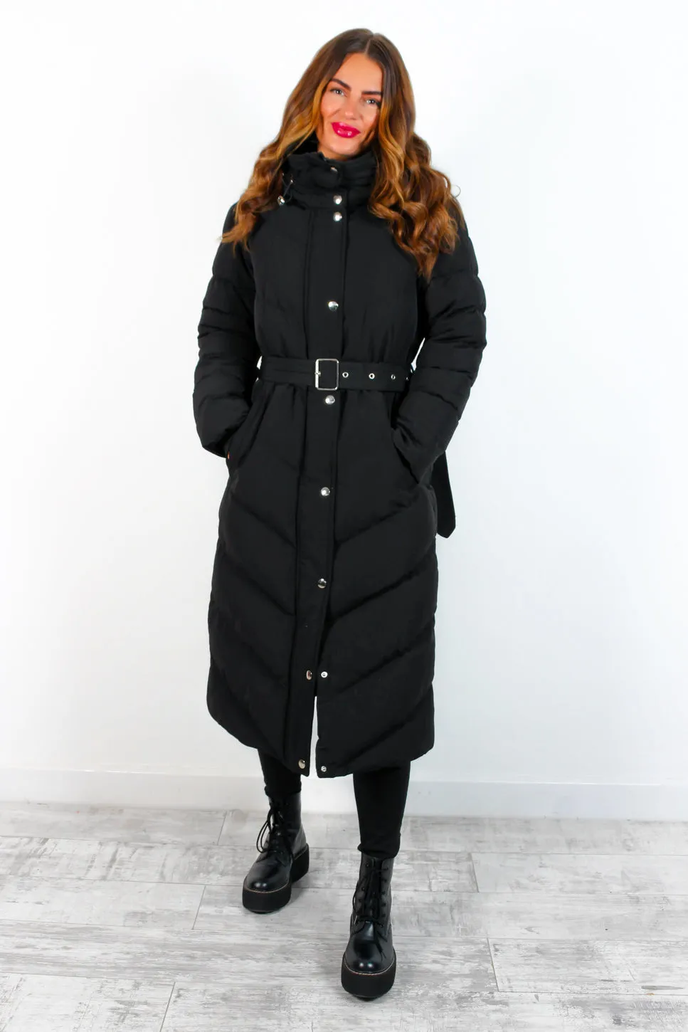 Good As Cold - Black Silver Detail Long Puffer Coat