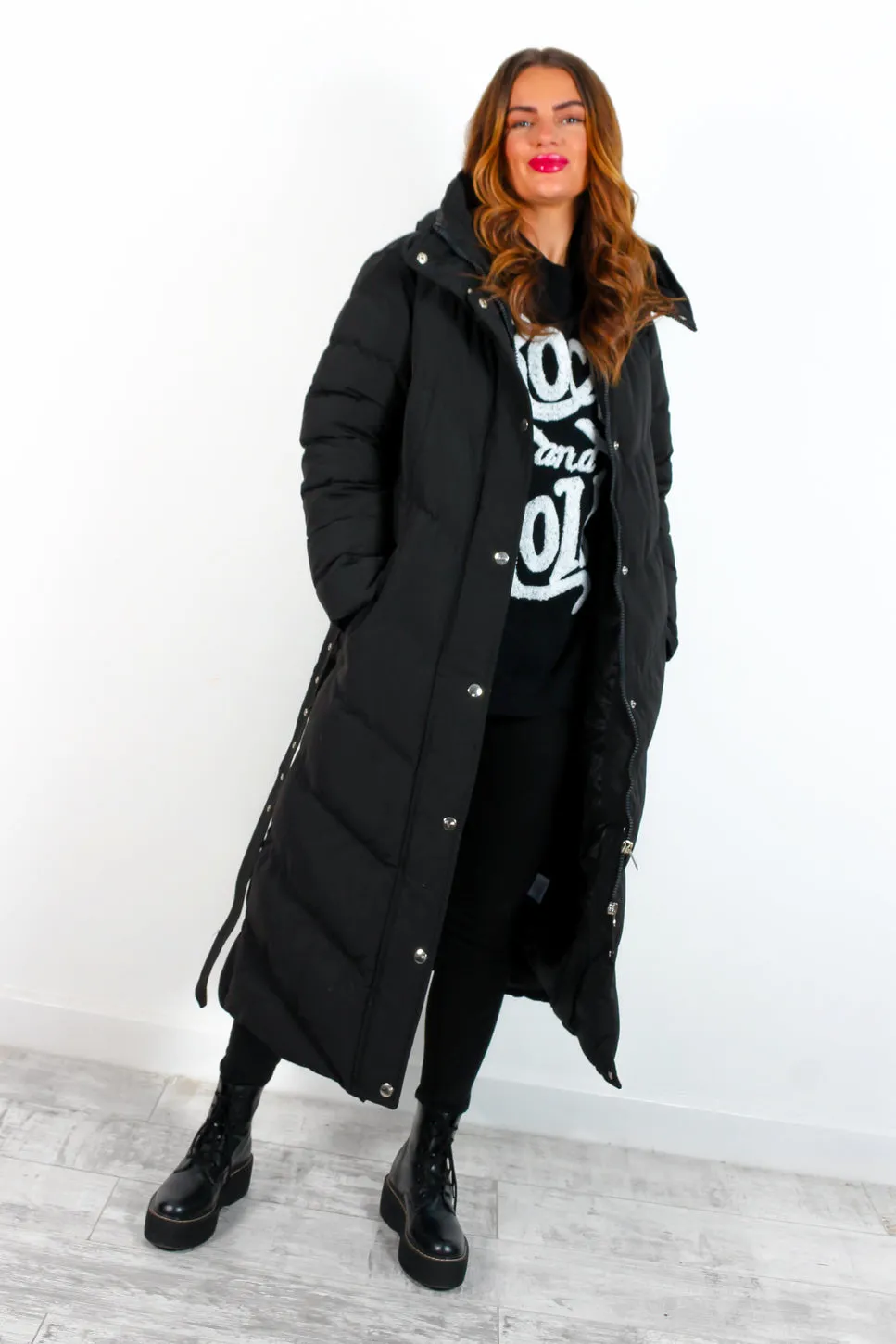 Good As Cold - Black Silver Detail Long Puffer Coat