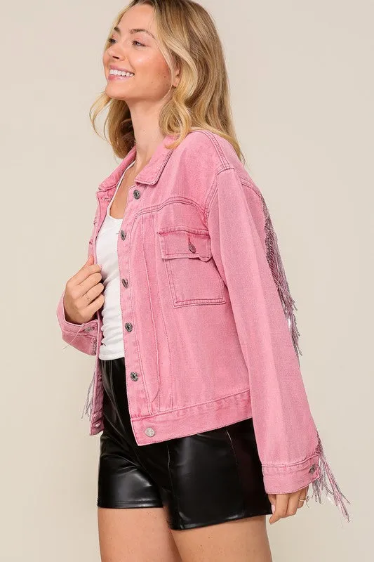 Hot Pink Long Sleeve Sequin Fringe Jacket