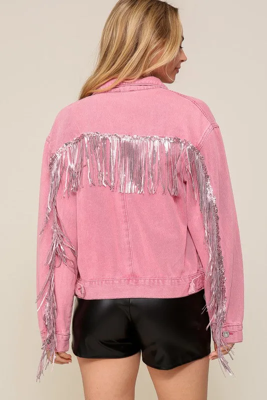 Hot Pink Long Sleeve Sequin Fringe Jacket