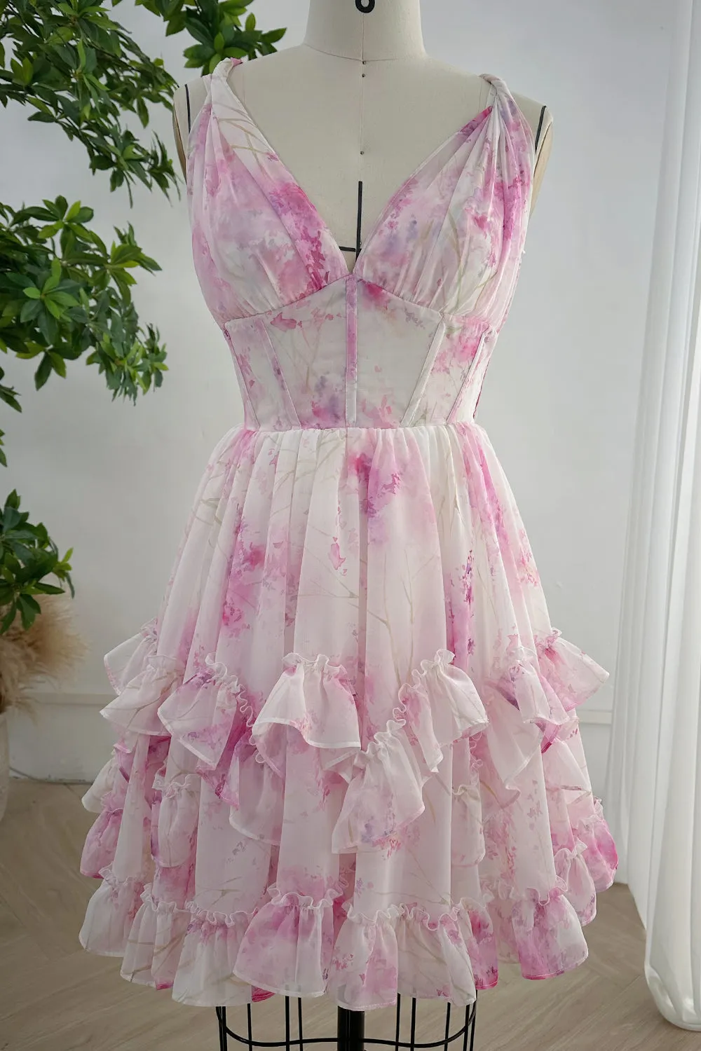 Infinity Corset Floral Print Chiffon Mini Dress with Ruffles