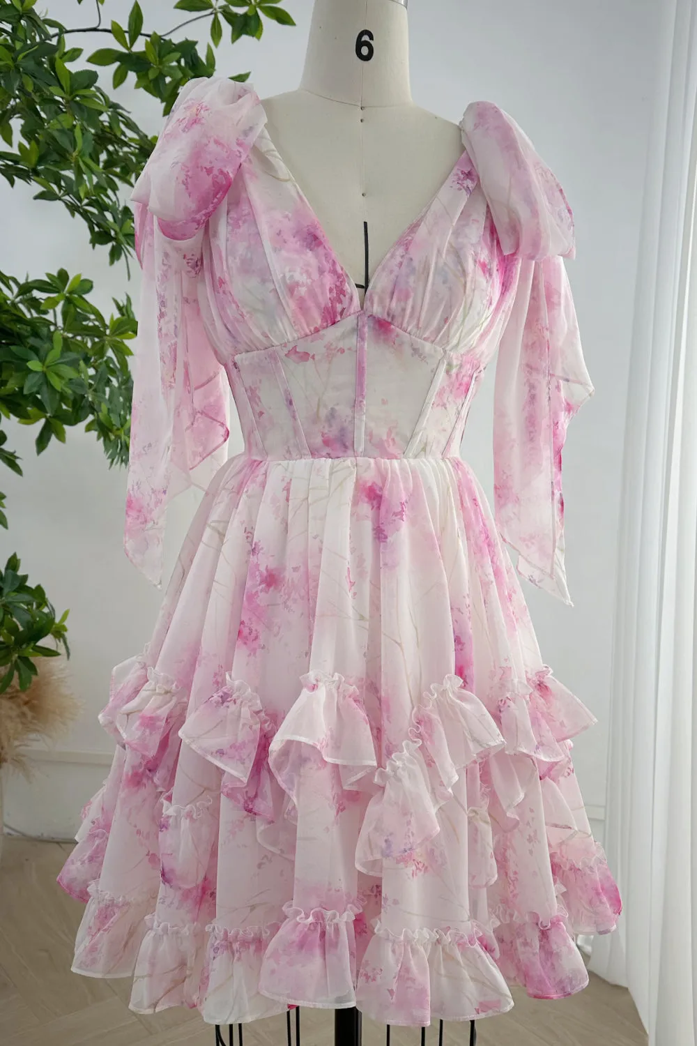 Infinity Corset Floral Print Chiffon Mini Dress with Ruffles