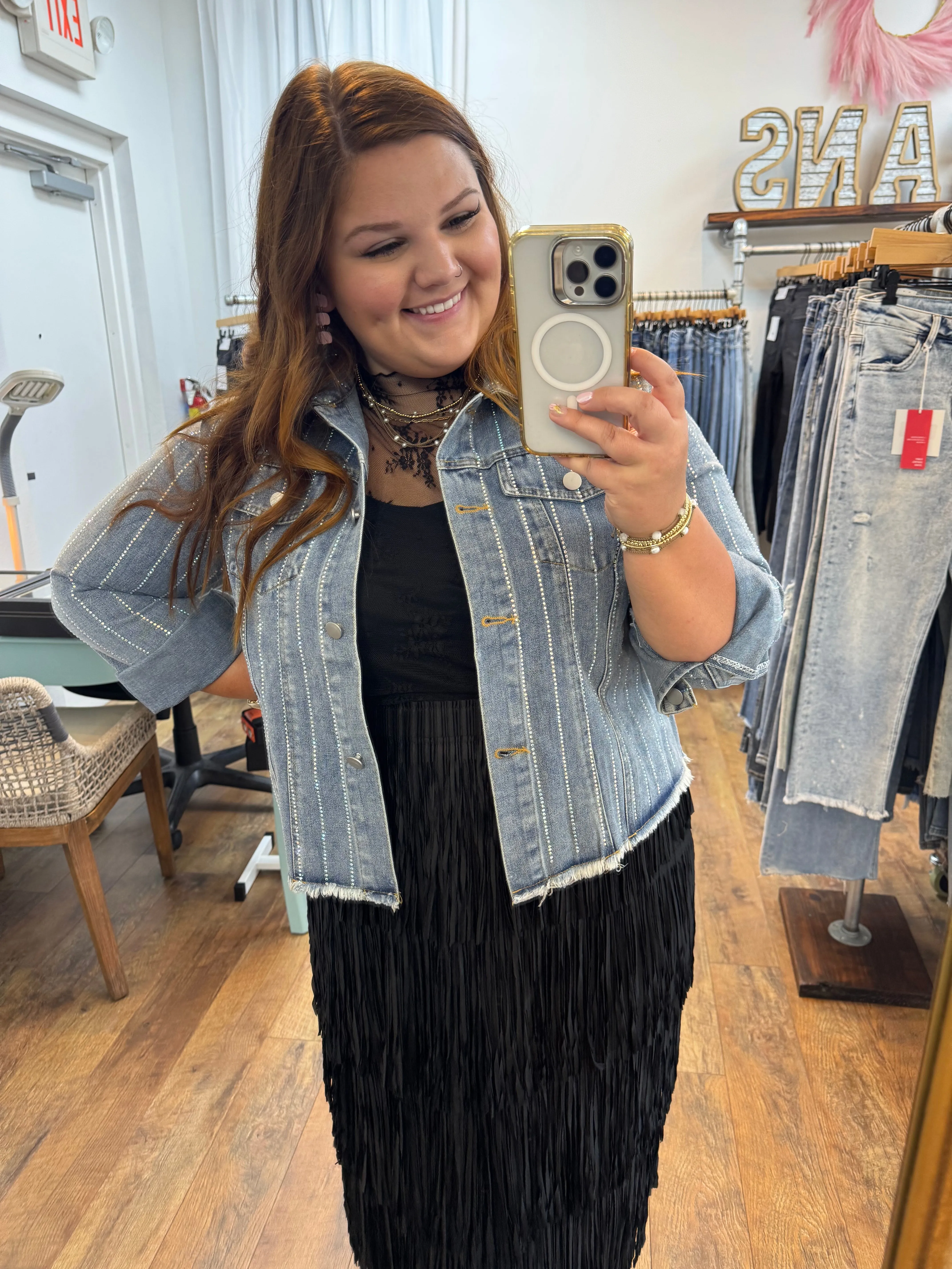 Medium Wash Rhinestone Denim Jacket