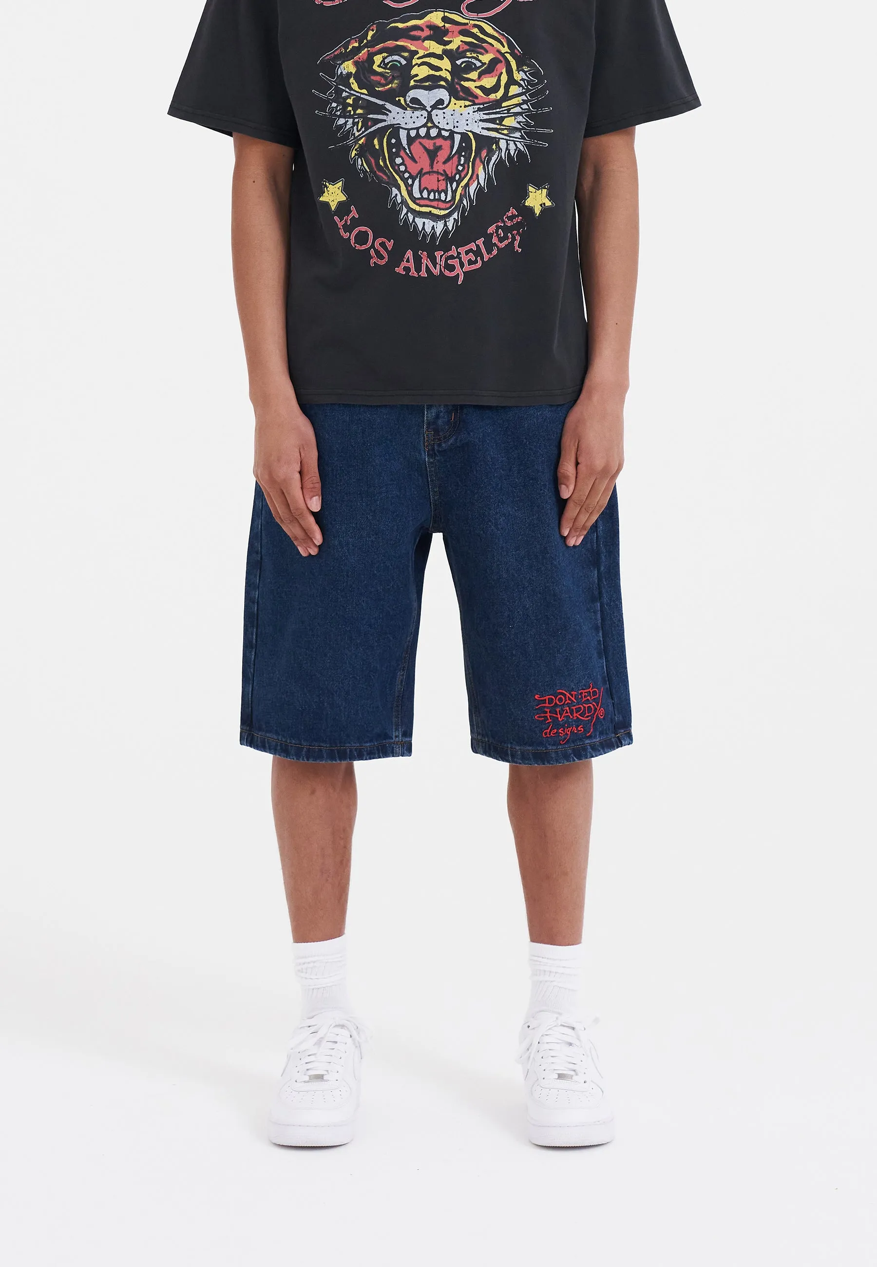 Mens Battle Dragon Denim Jorts Shorts - Indigo