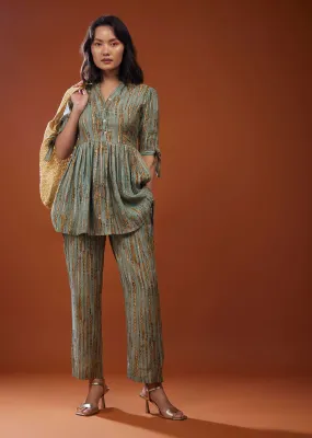 Mint Blue Printed Co-ord Set In Chaderi Silk