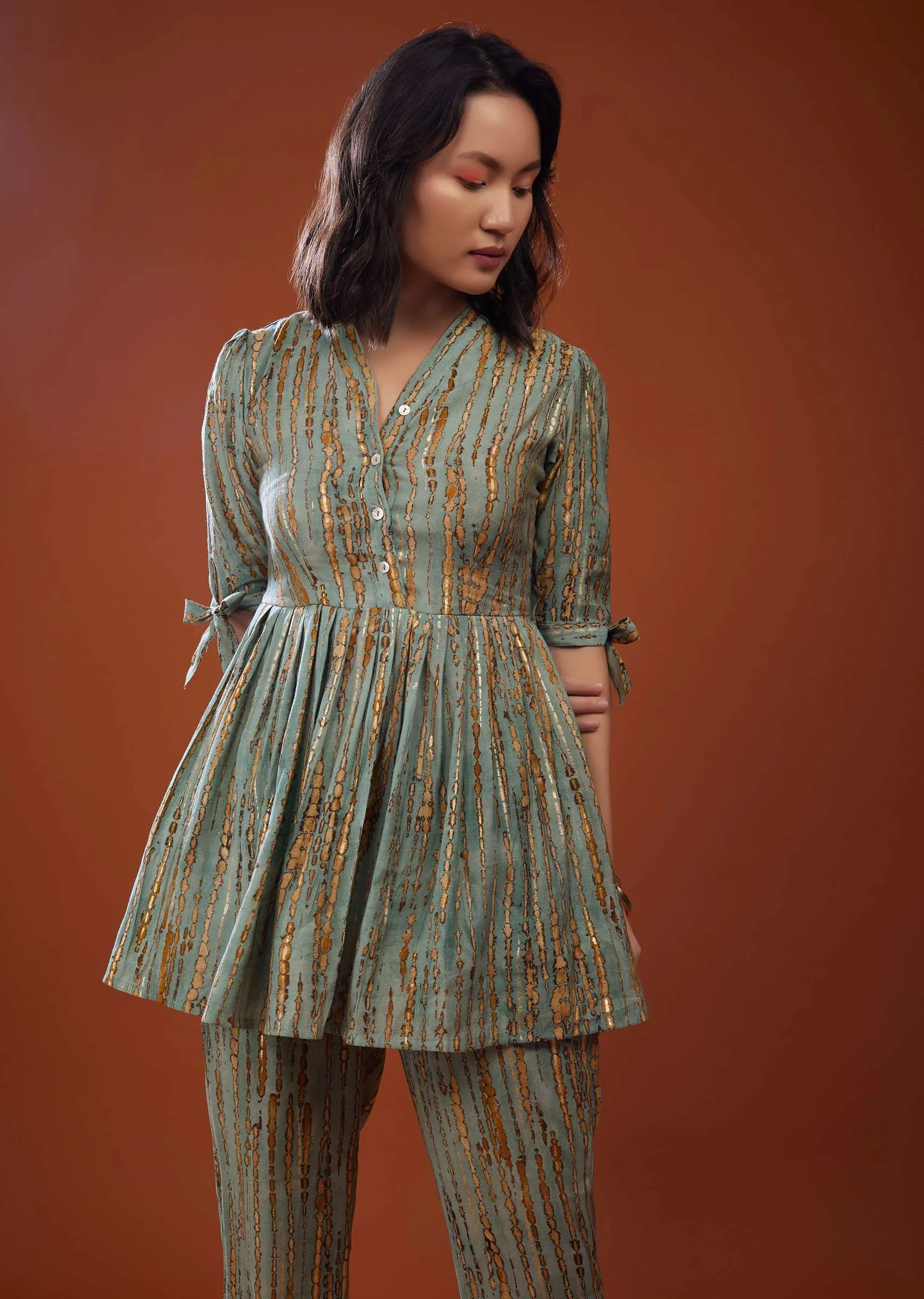 Mint Blue Printed Co-ord Set In Chaderi Silk