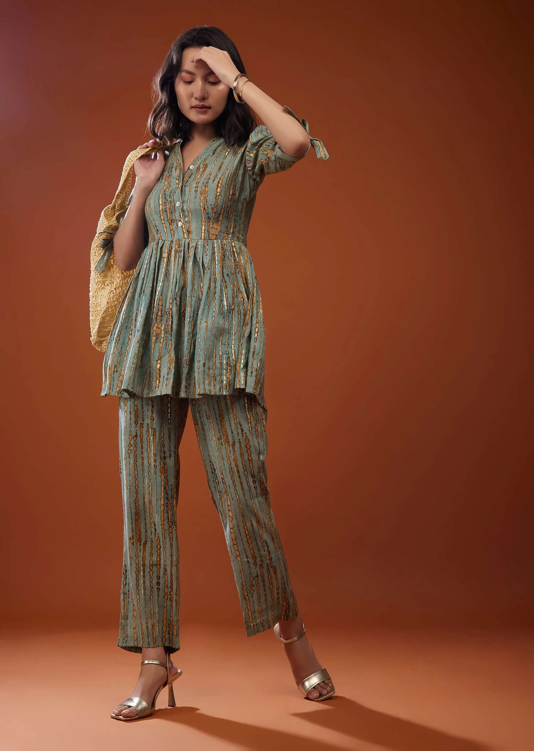 Mint Blue Printed Co-ord Set In Chaderi Silk
