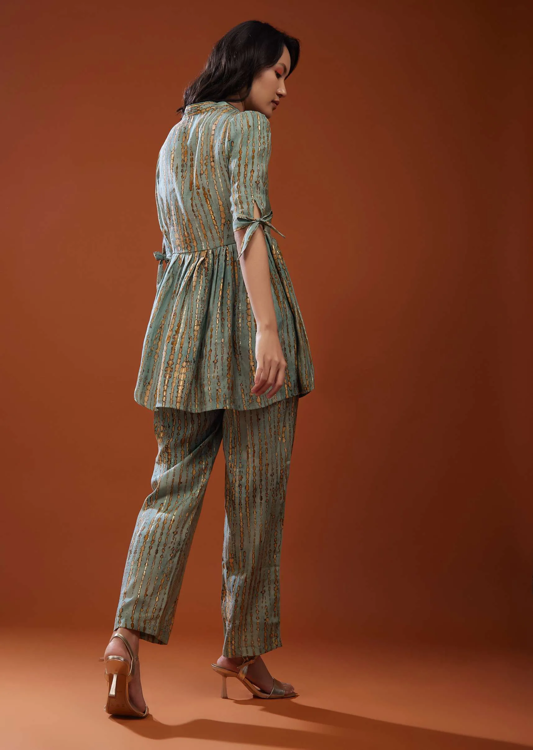 Mint Blue Printed Co-ord Set In Chaderi Silk